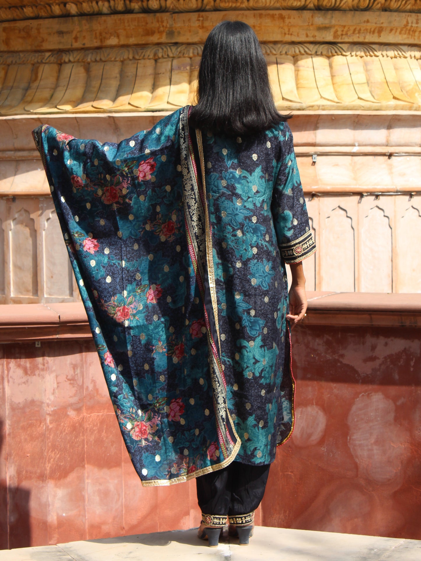 Festive Teal Brocade Embroidered Straight Fit 3 Pc Kurta Set