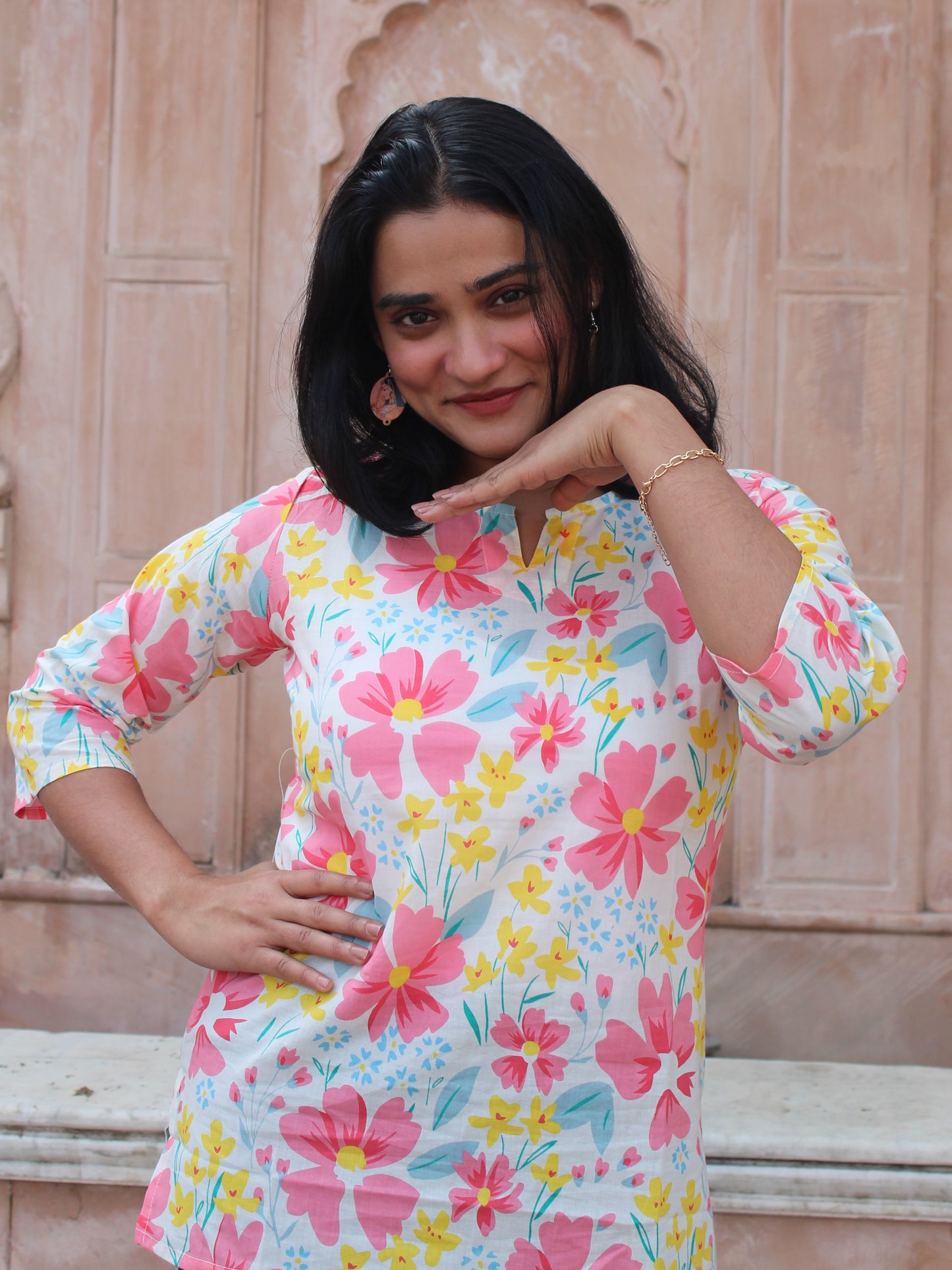 Cream Floral Short Kurta