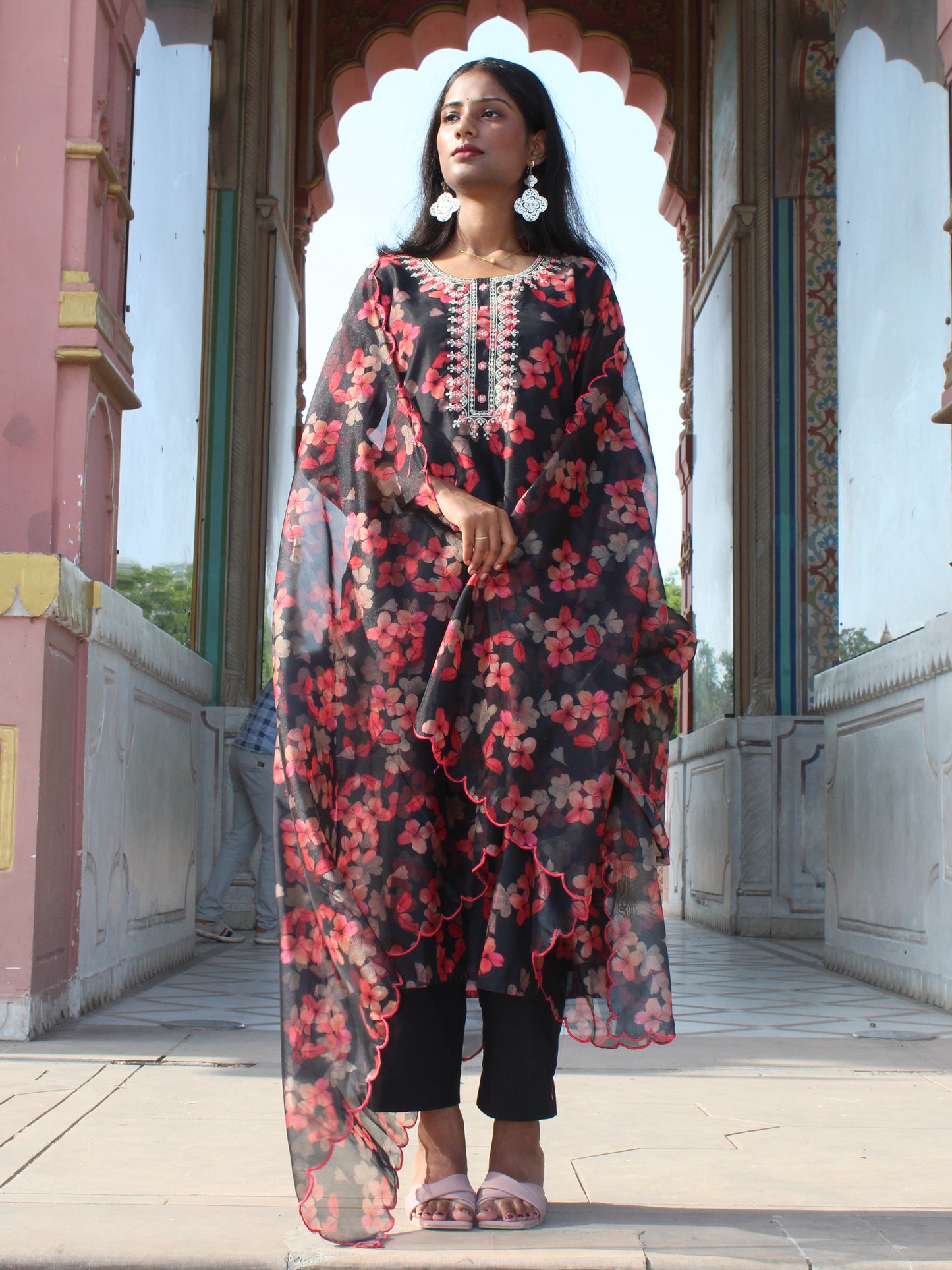 Black Floral Printed & Embroidered Straight Fit 3 pc Kurta Set