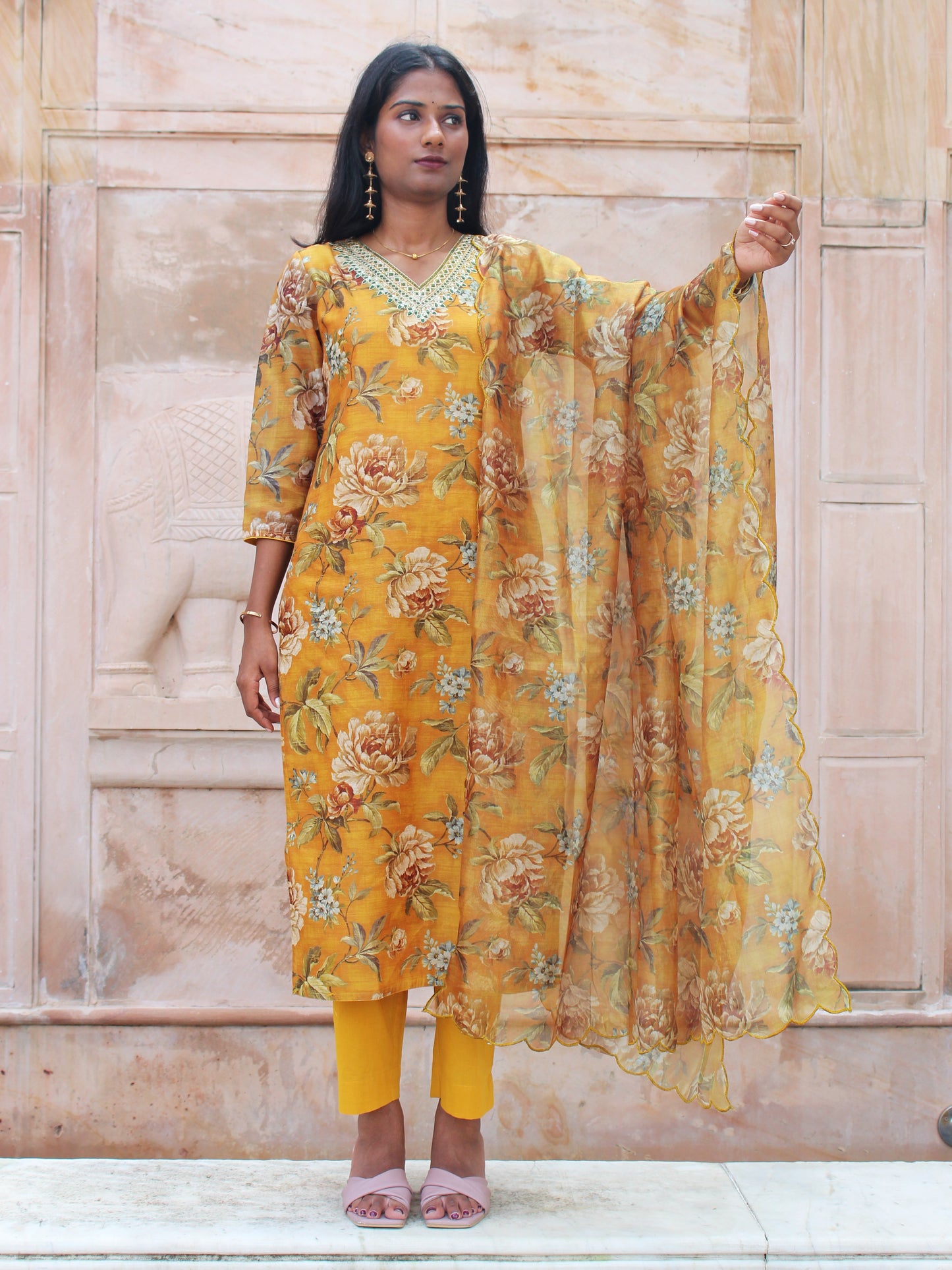 Mustard Yellow Embroidered Straight Fit 3 pc Kurta Set