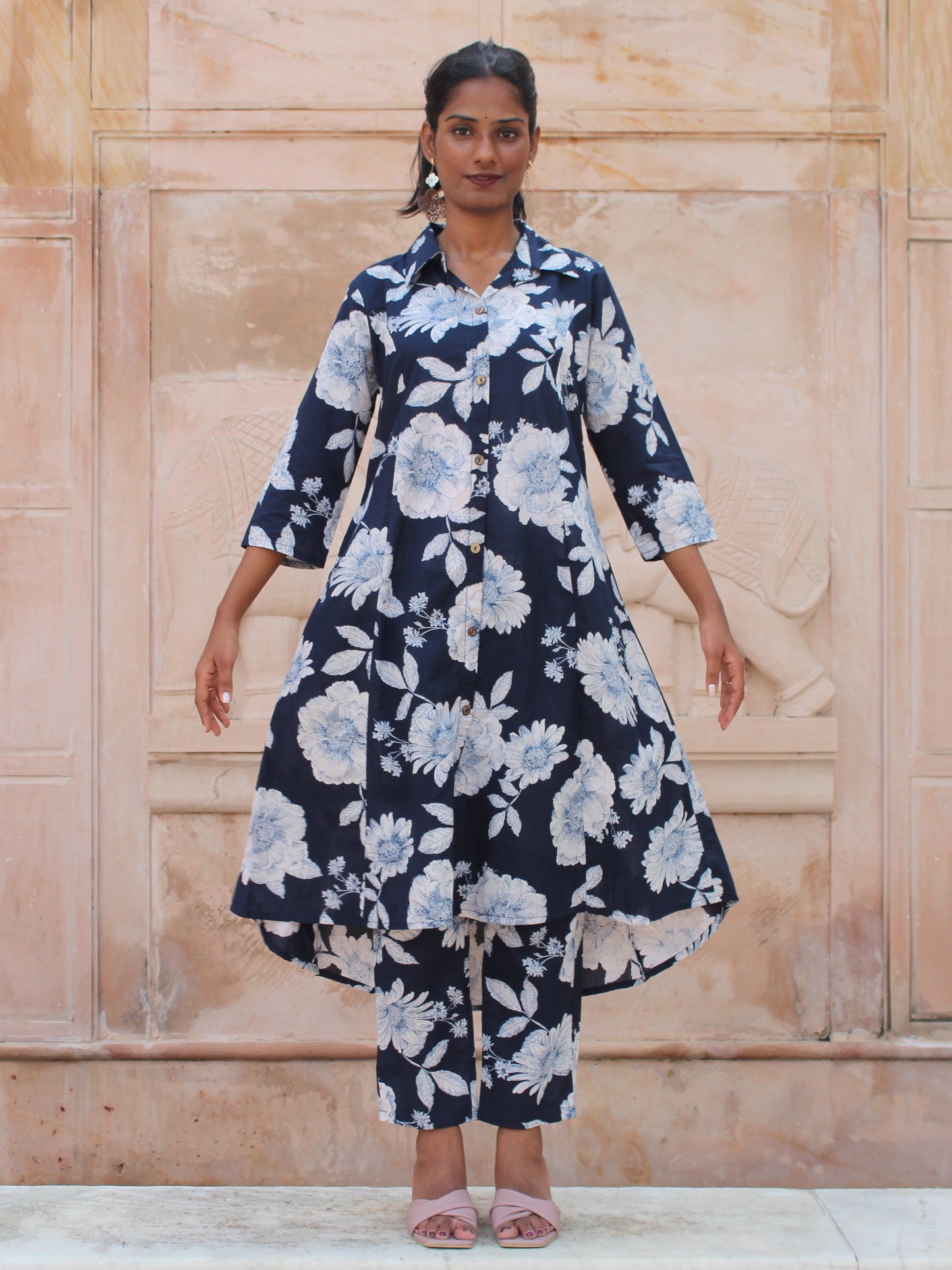 Dark Blue Floral Printed Shirt Collar Co-ord Set