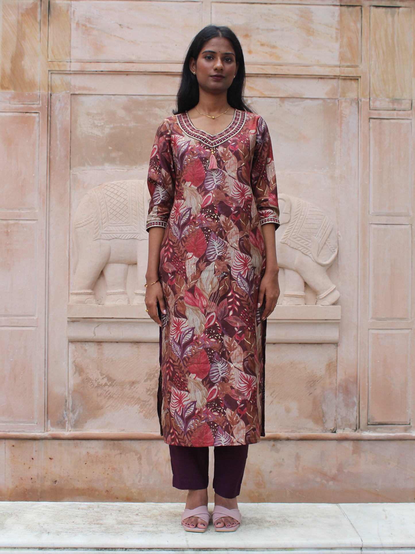 Purple Floral Printed & Embroidered Straight Fit 3 pc Kurta Set