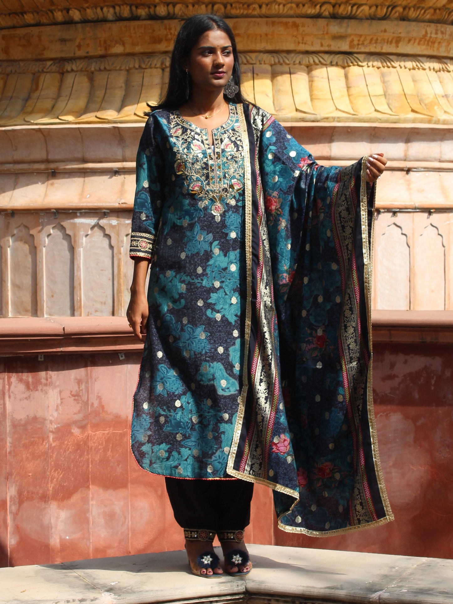 Festive Teal Brocade Embroidered Straight Fit 3 Pc Kurta Set