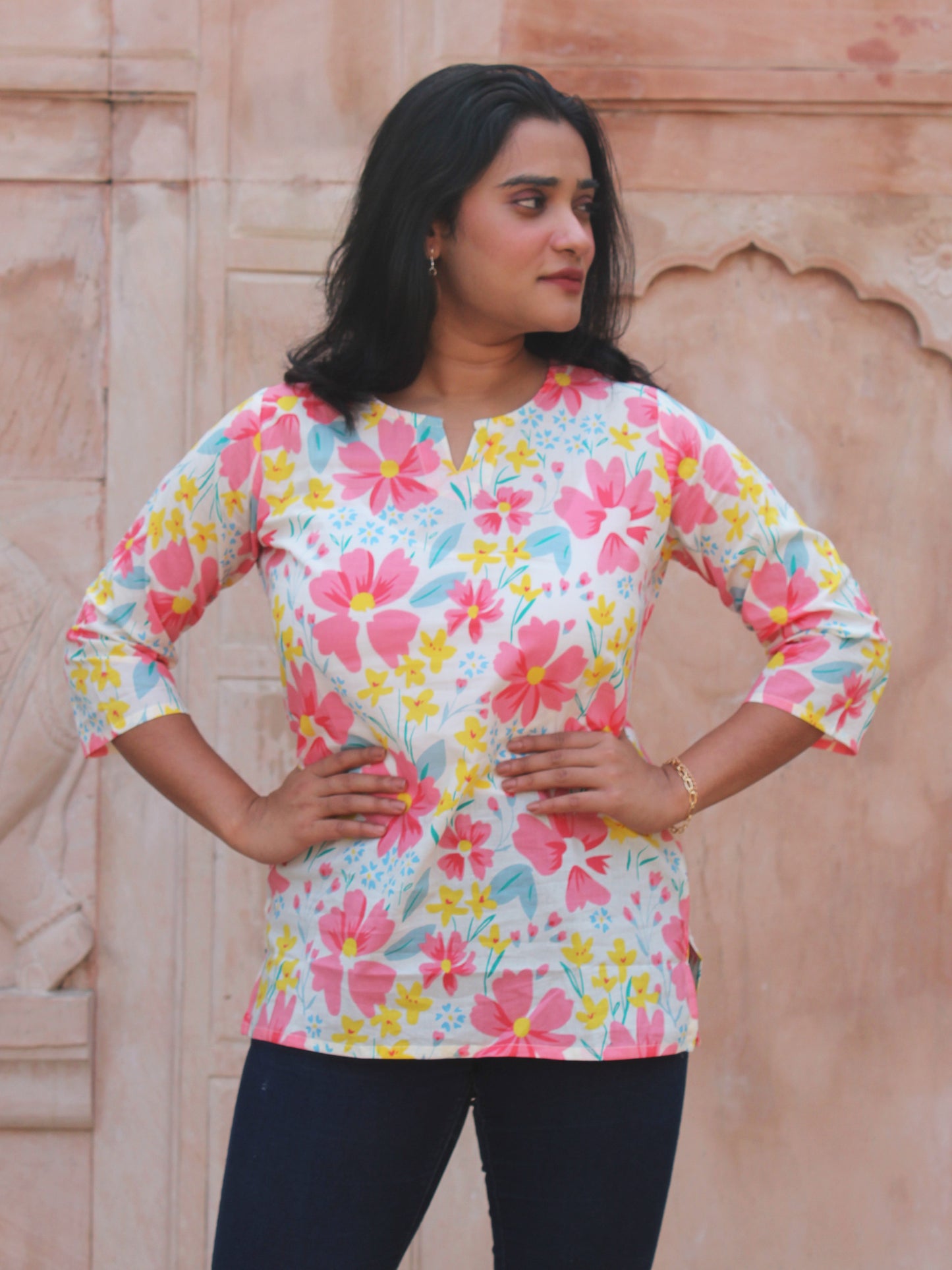Cream Floral Short Kurta