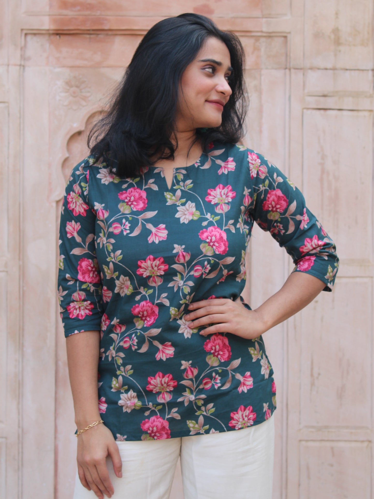 Dark Green Floral Short Kurta