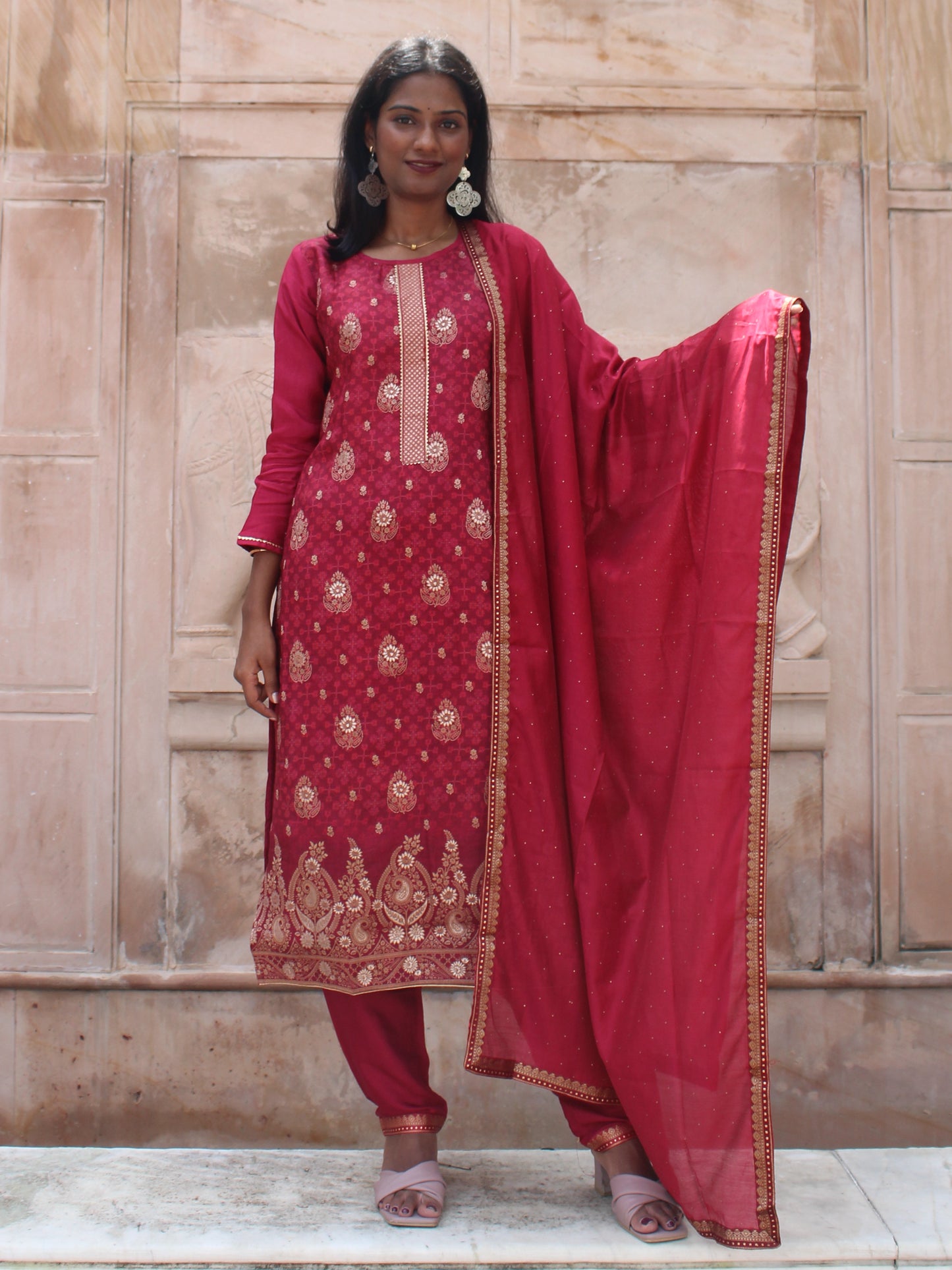 Festive Maroon Brocade Straight fit 3 Pc Kurta Set
