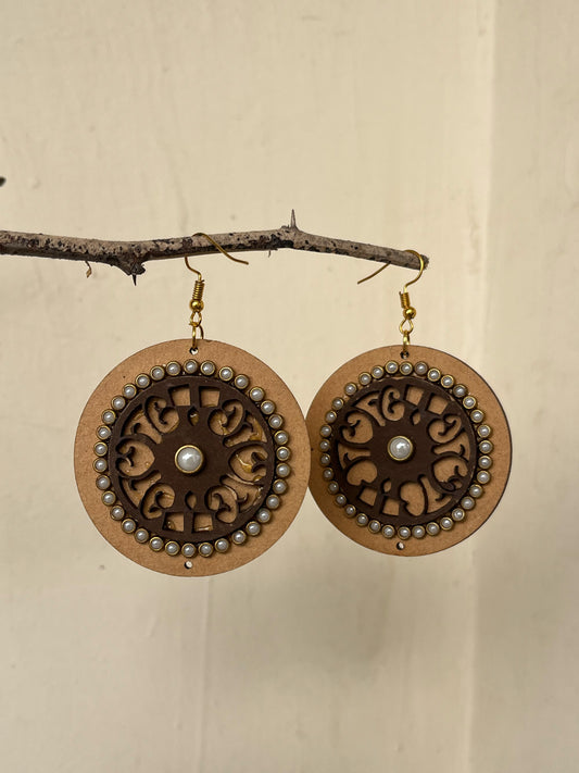 Handcrafted Sanganeri Pearl Beaded Wooden Dangler Earrings