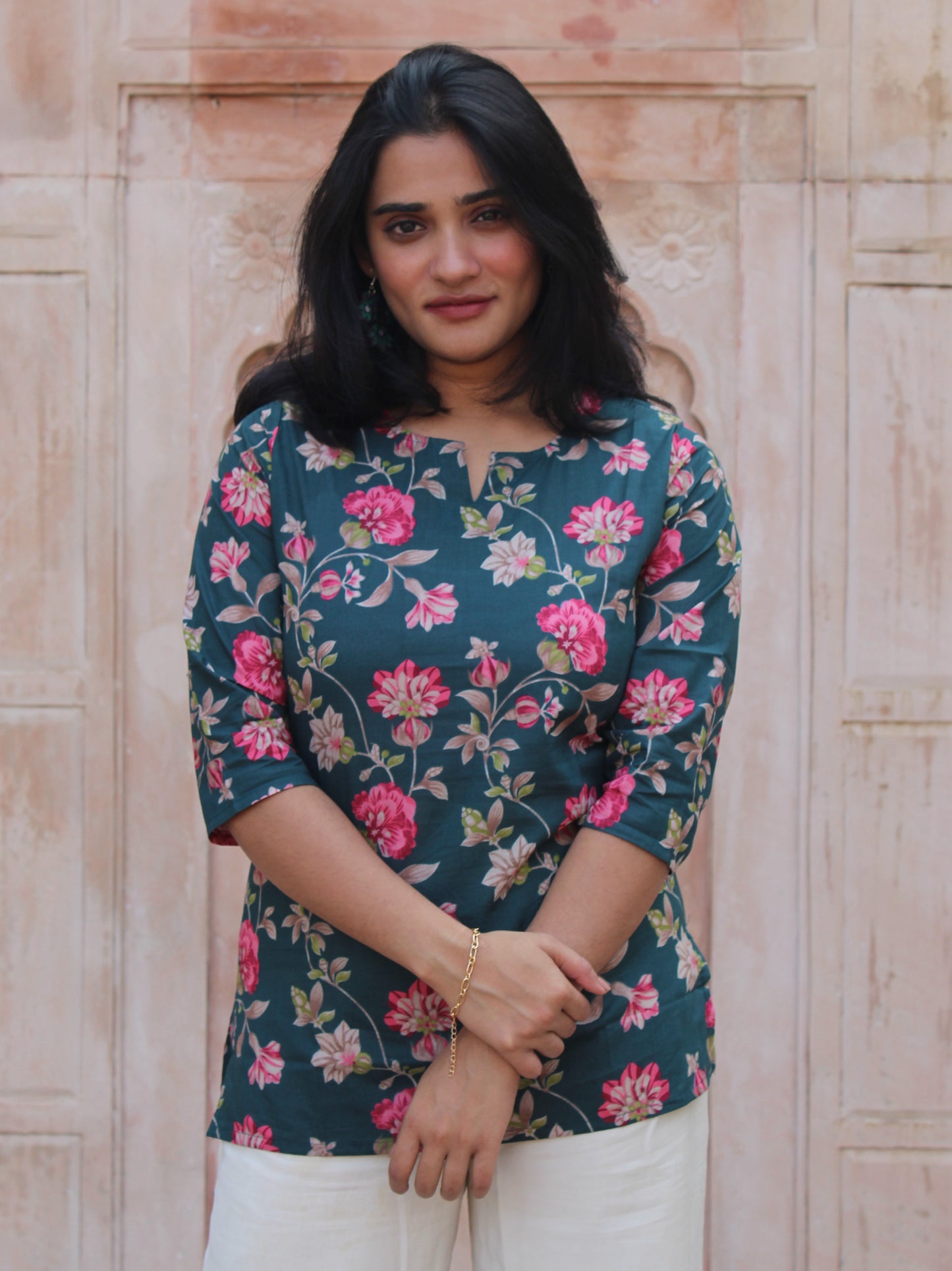 Dark Green Floral Short Kurta