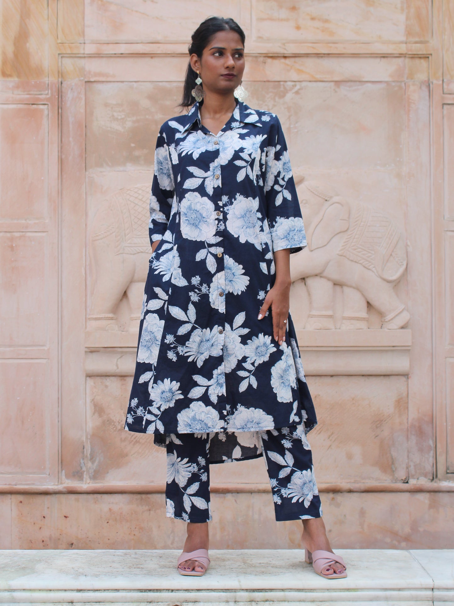 Dark Blue Floral Printed Shirt Collar Co-ord Set