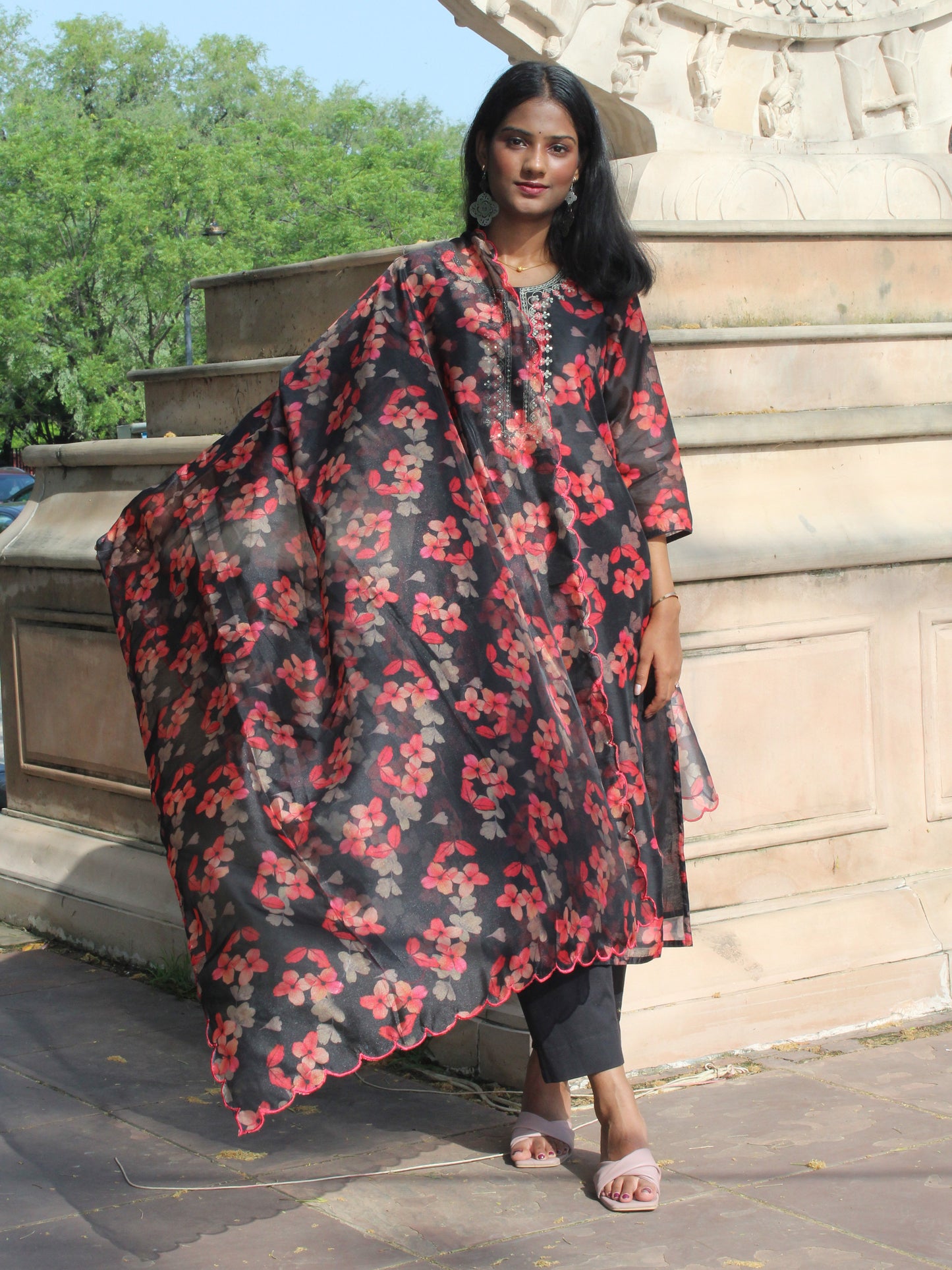 Black Floral Printed & Embroidered Straight Fit 3 pc Kurta Set
