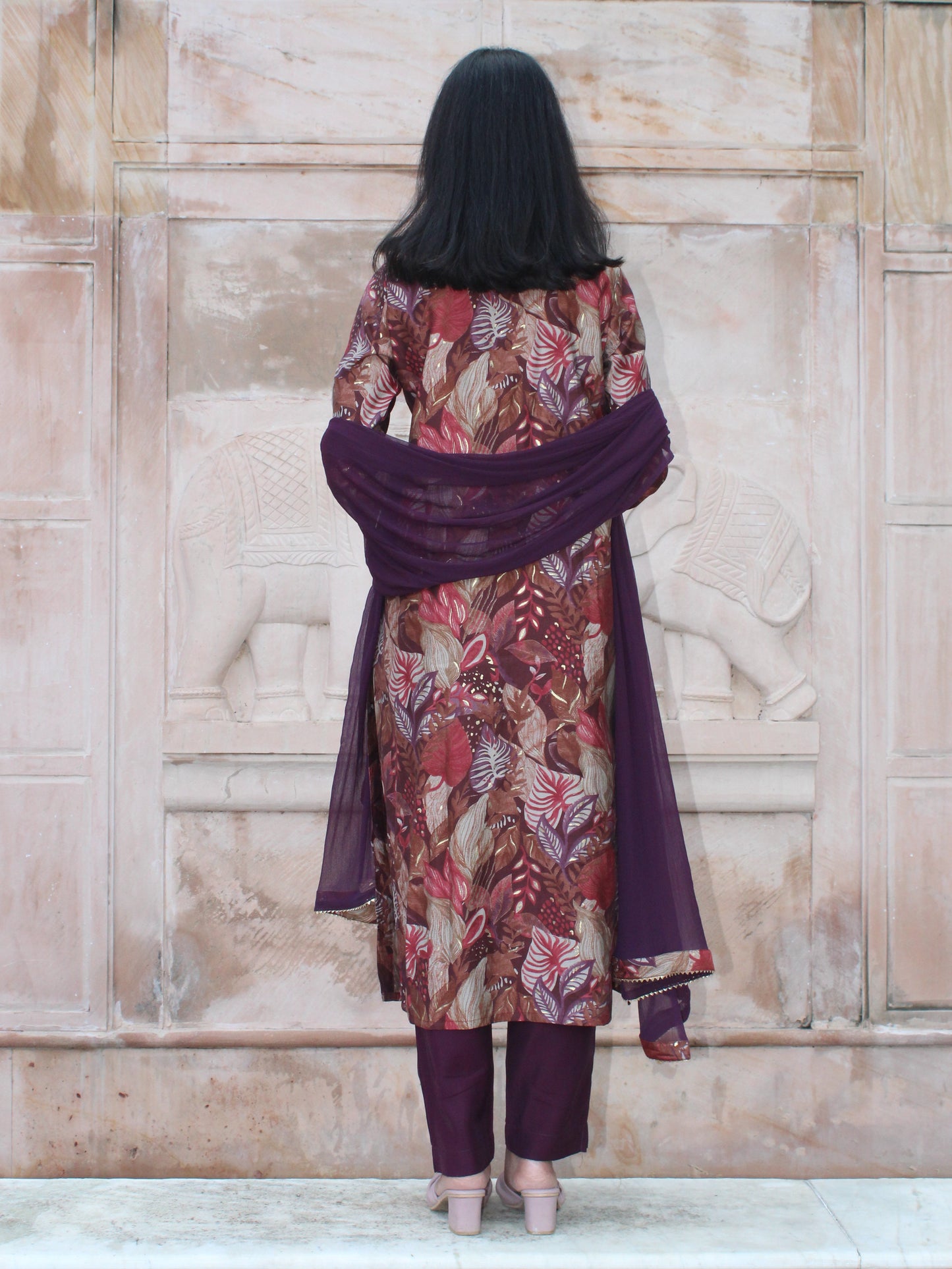 Purple Floral Printed & Embroidered Straight Fit 3 pc Kurta Set