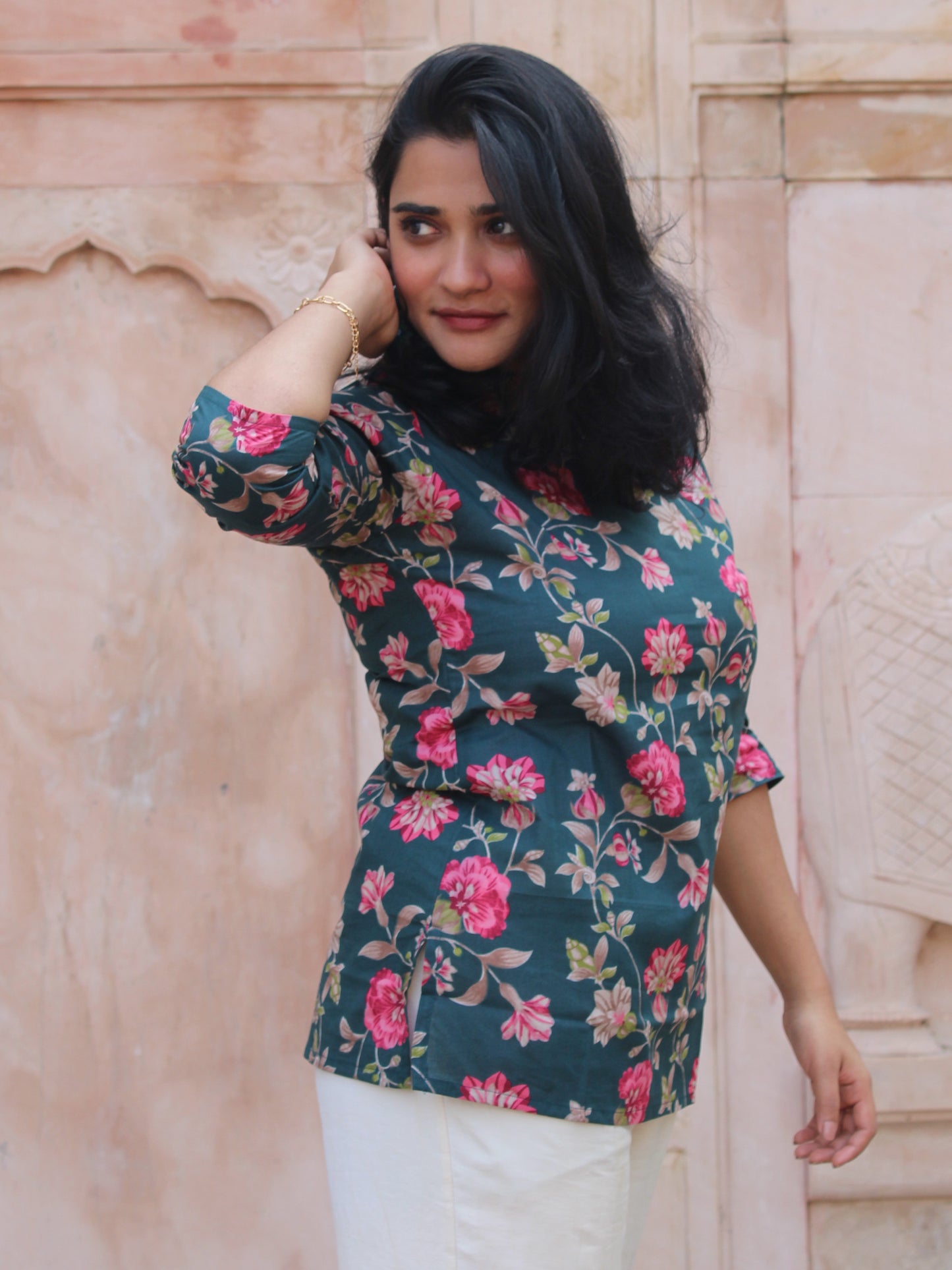 Dark Green Floral Short Kurta