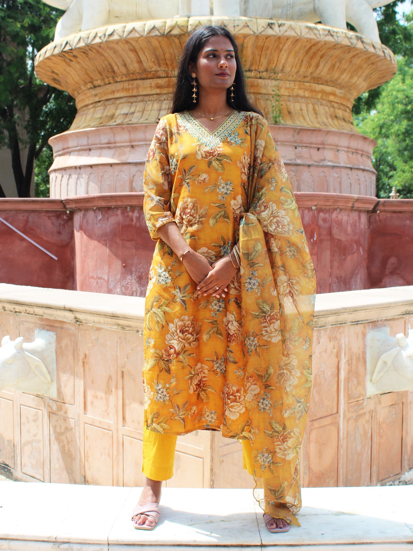 Mustard Yellow Embroidered Straight Fit 3 pc Kurta Set