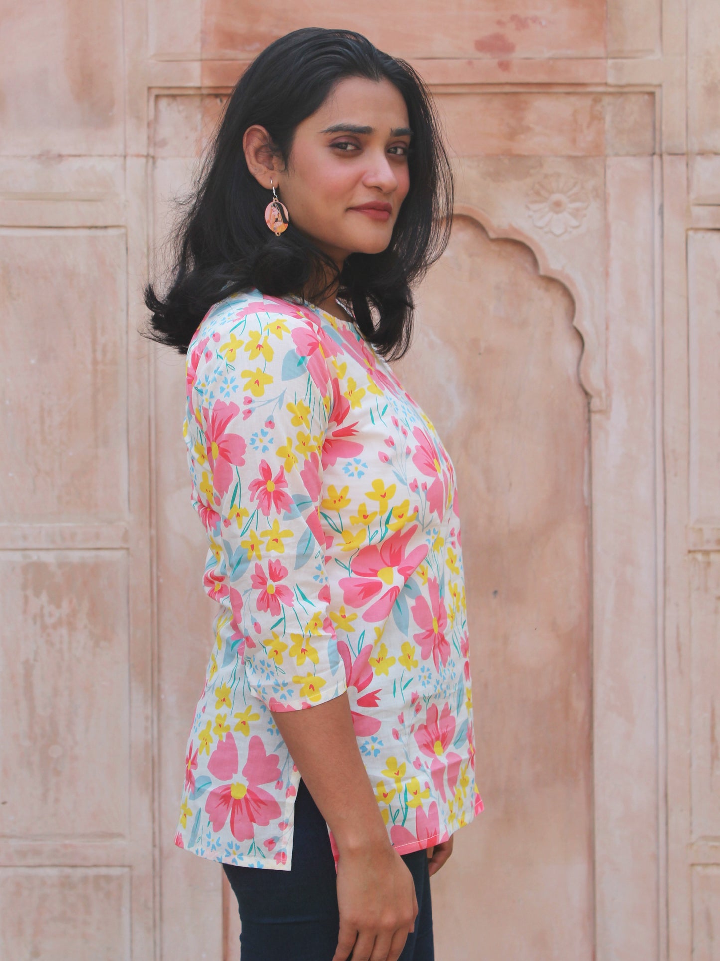 Cream Floral Short Kurta