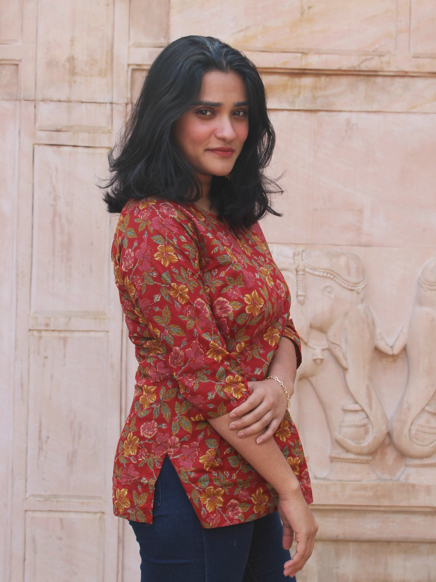 Red Floral Short Kurta