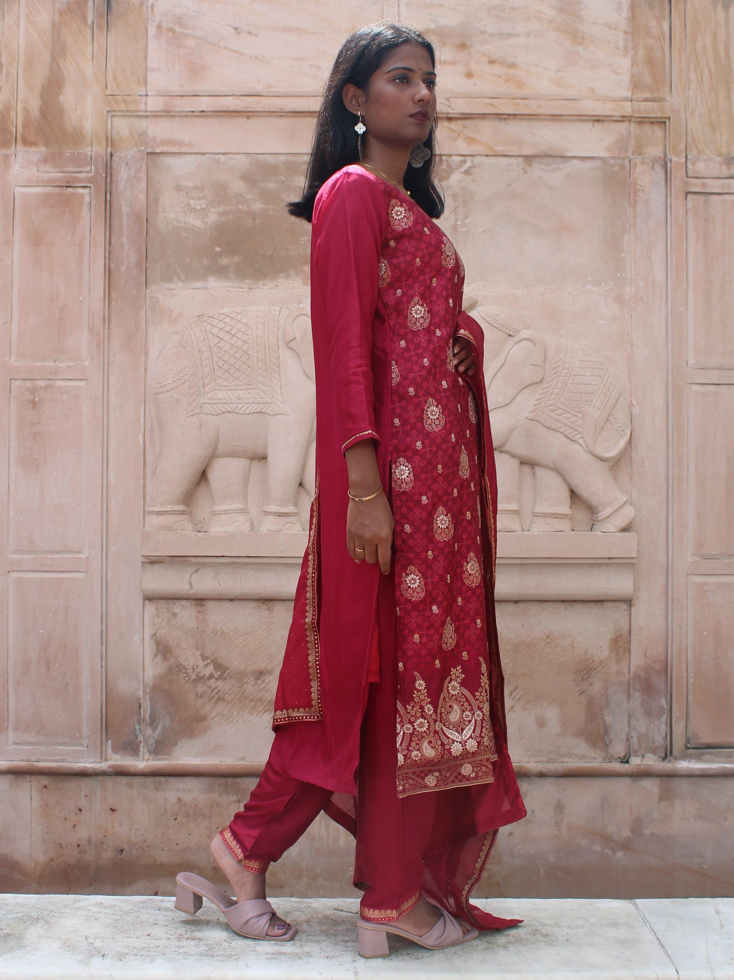 Festive Maroon Brocade Straight fit 3 Pc Kurta Set