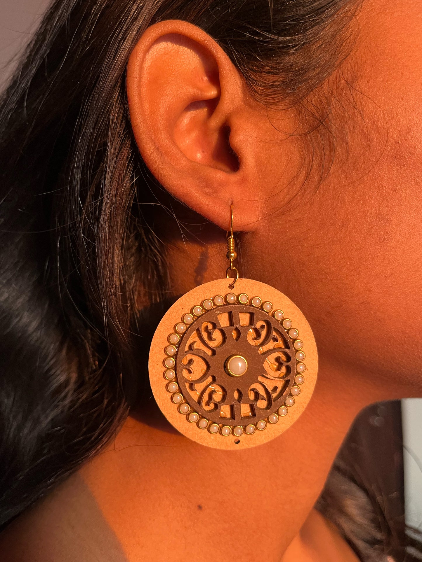 Handcrafted Sanganeri Pearl Beaded Wooden Dangler Earrings
