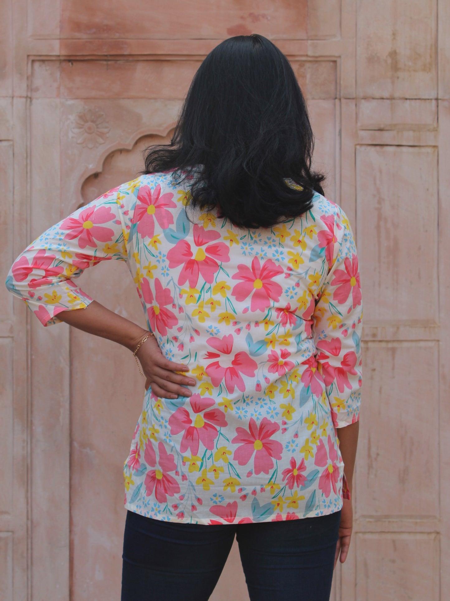 Cream Floral Short Kurta