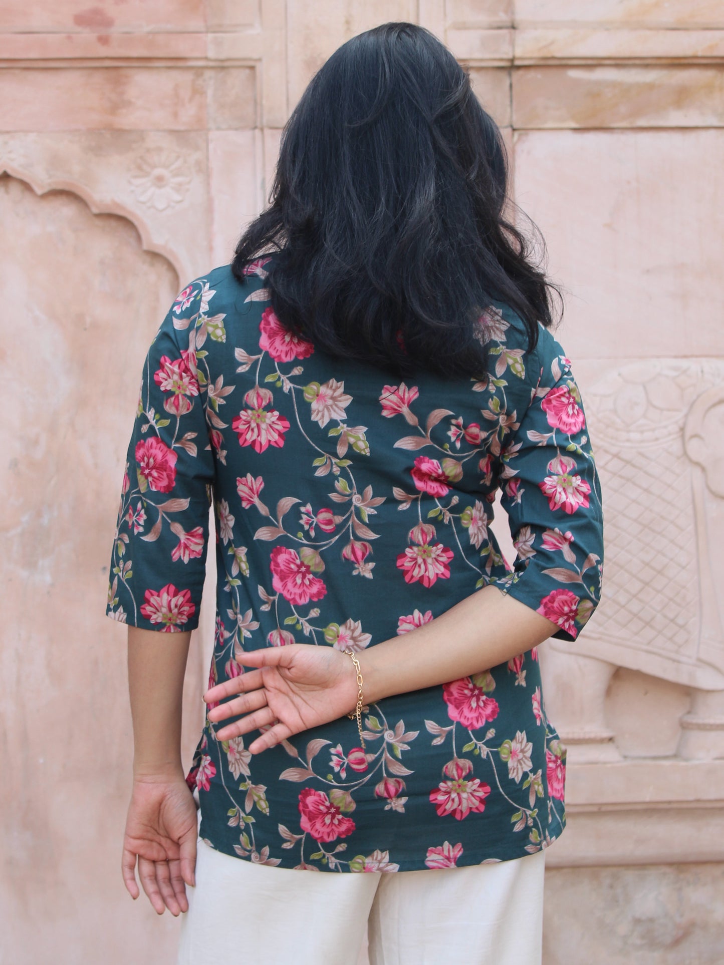 Dark Green Floral Short Kurta