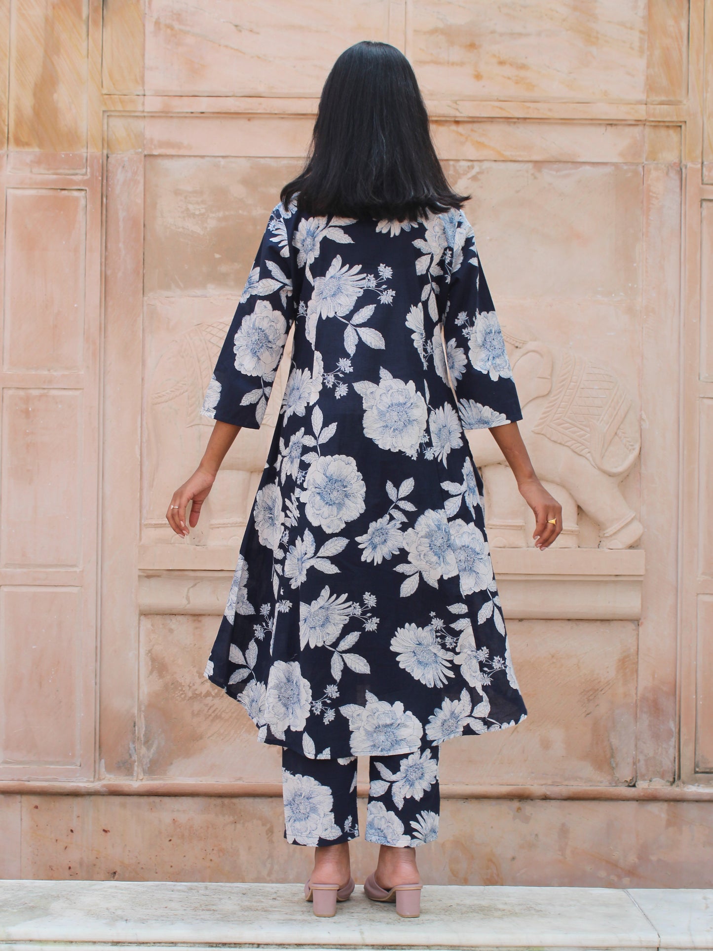 Dark Blue Floral Printed Shirt Collar Co-ord Set