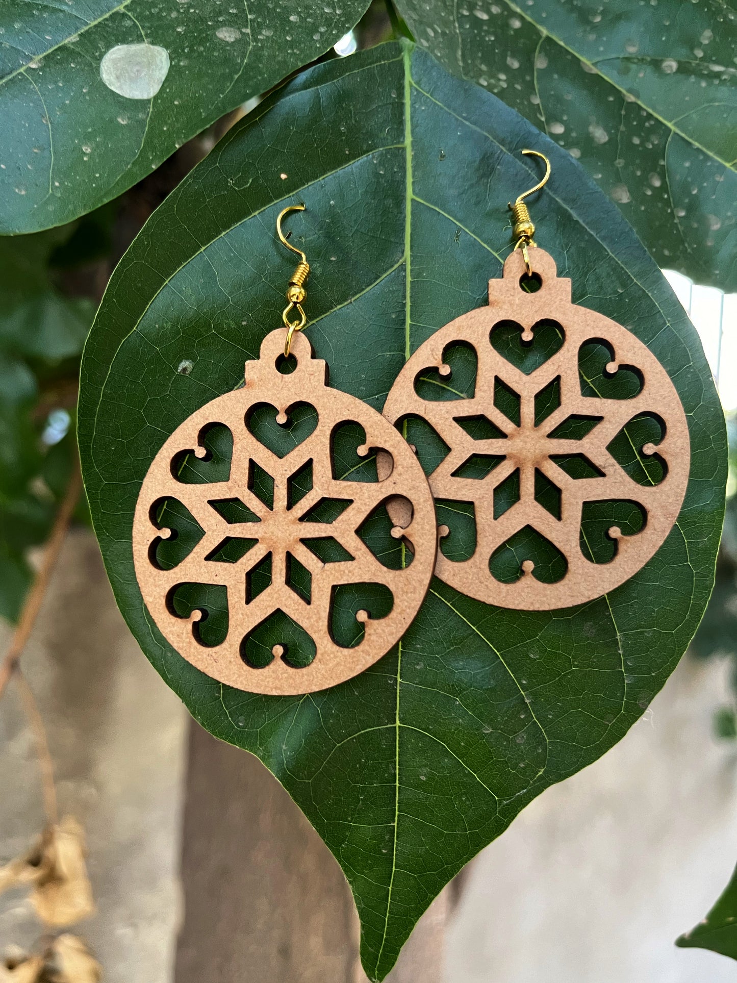 Handcrafted Sanganeri All hearts carved out Wooden Dangler Earrings