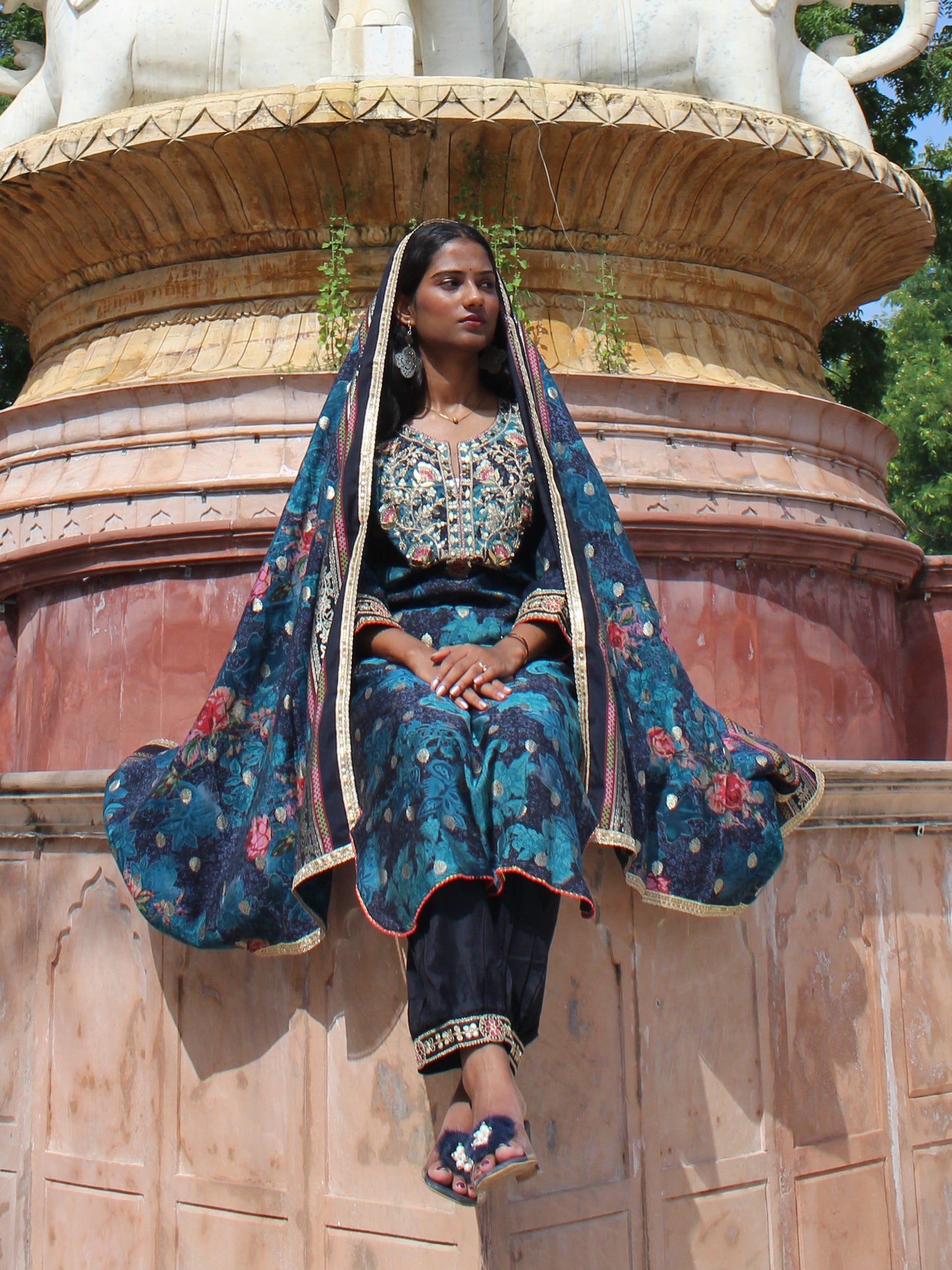 Festive Teal Brocade Embroidered Straight Fit 3 Pc Kurta Set