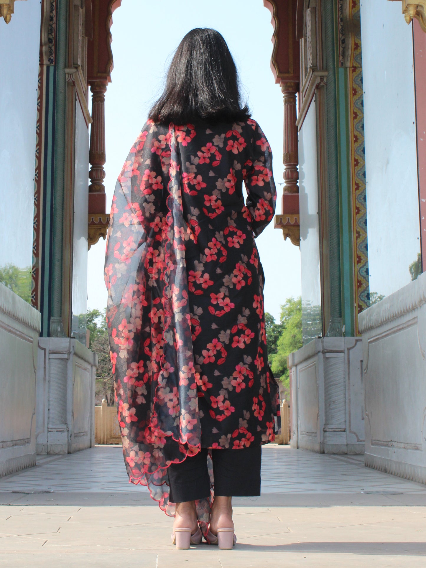 Black Floral Printed & Embroidered Straight Fit 3 pc Kurta Set