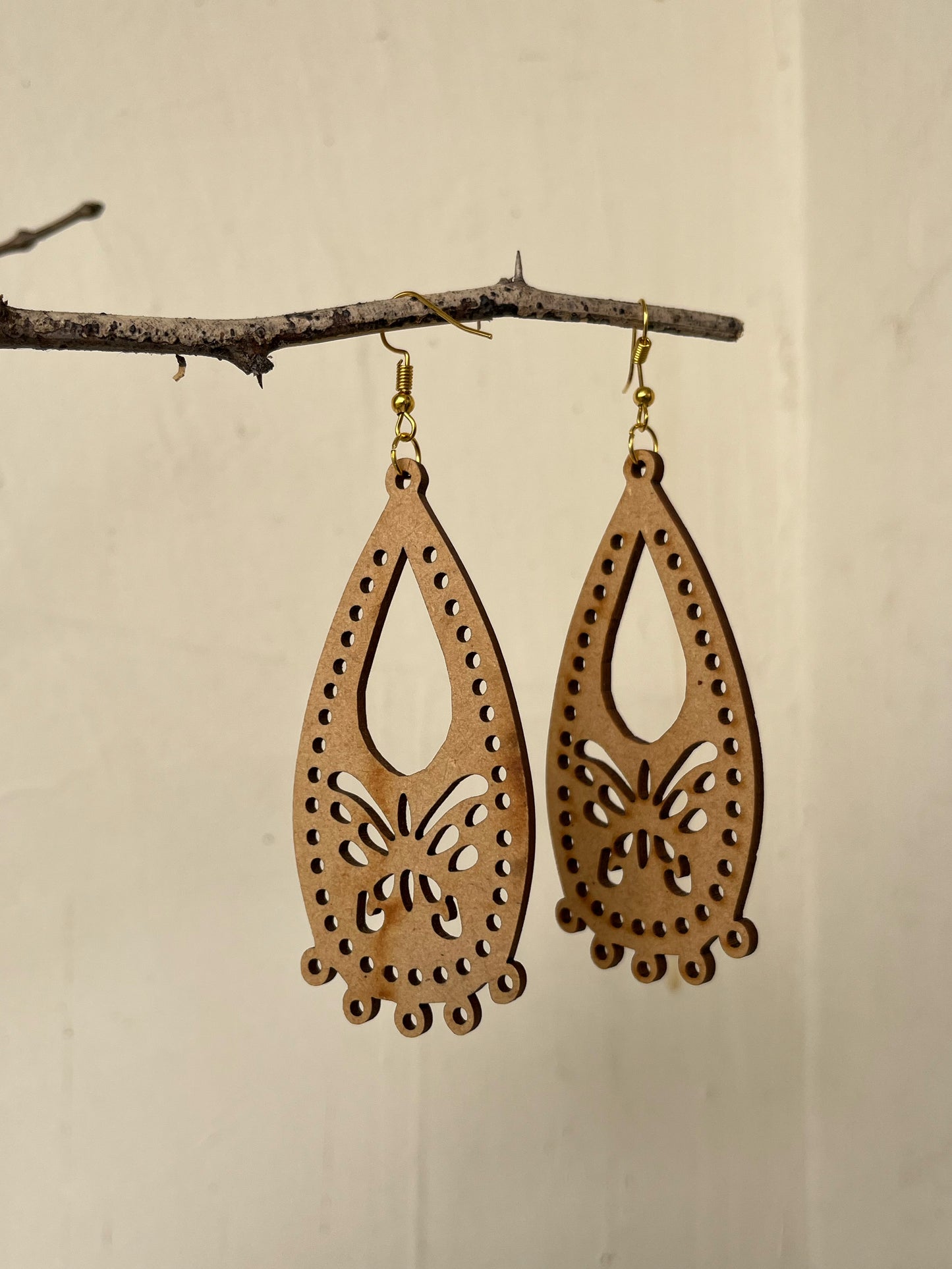 Handcrafted Sanganeri Butterfly Carved-out Wooden Dangler Earrings