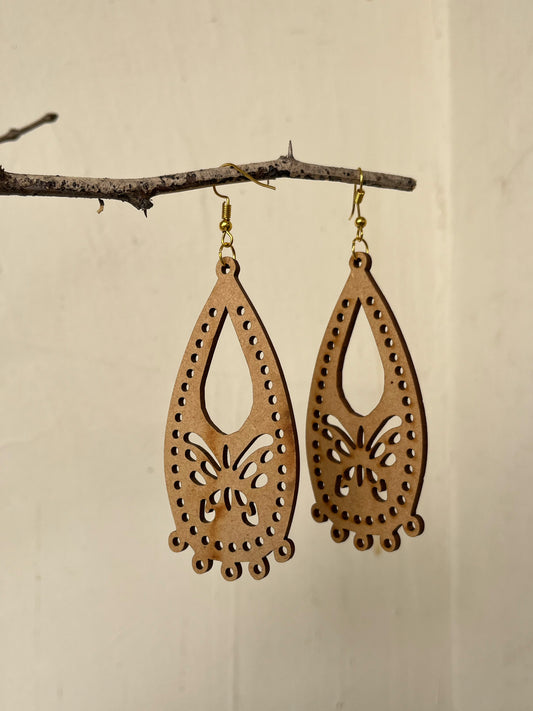 Handcrafted Sanganeri Butterfly Carved-out Wooden Dangler Earrings