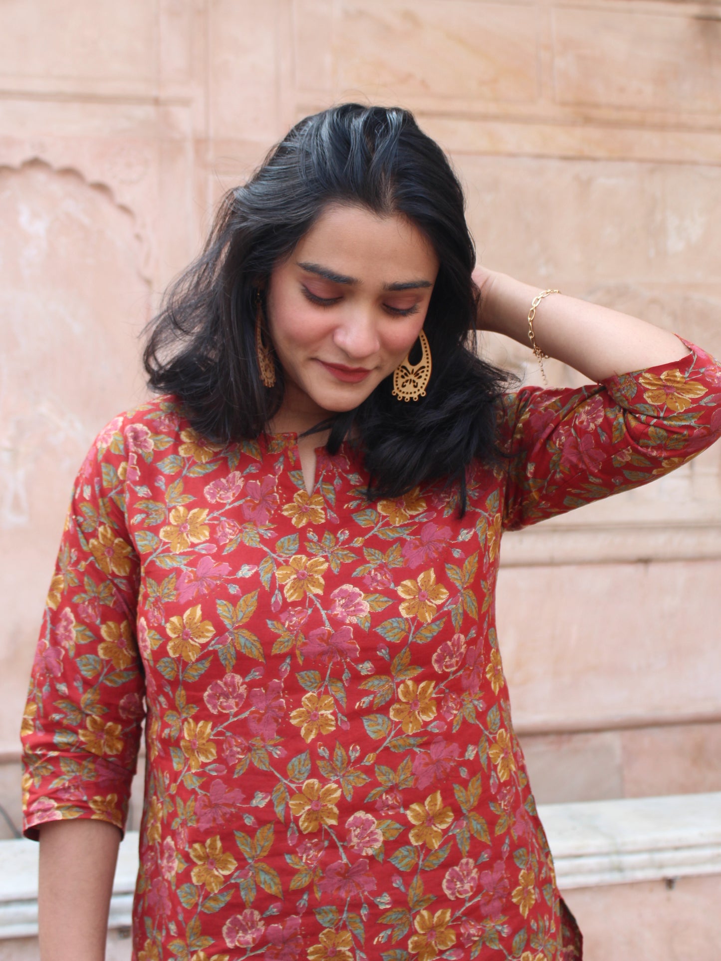 Red Floral Short Kurta