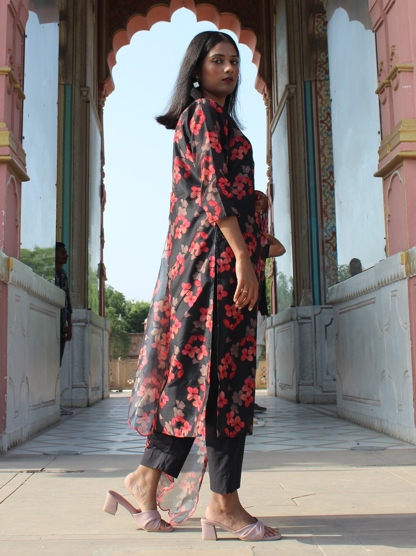 Black Floral Printed & Embroidered Straight Fit 3 pc Kurta Set