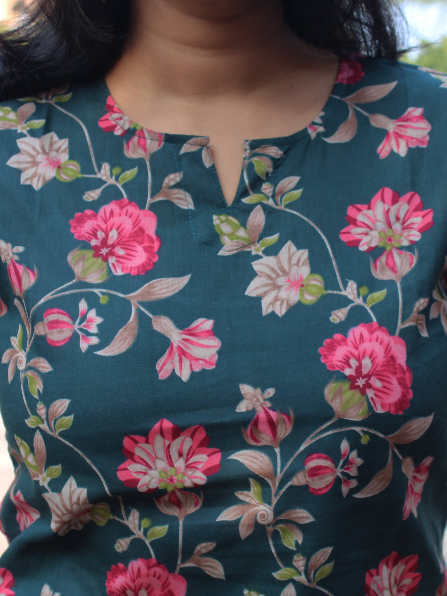 Dark Green Floral Short Kurta