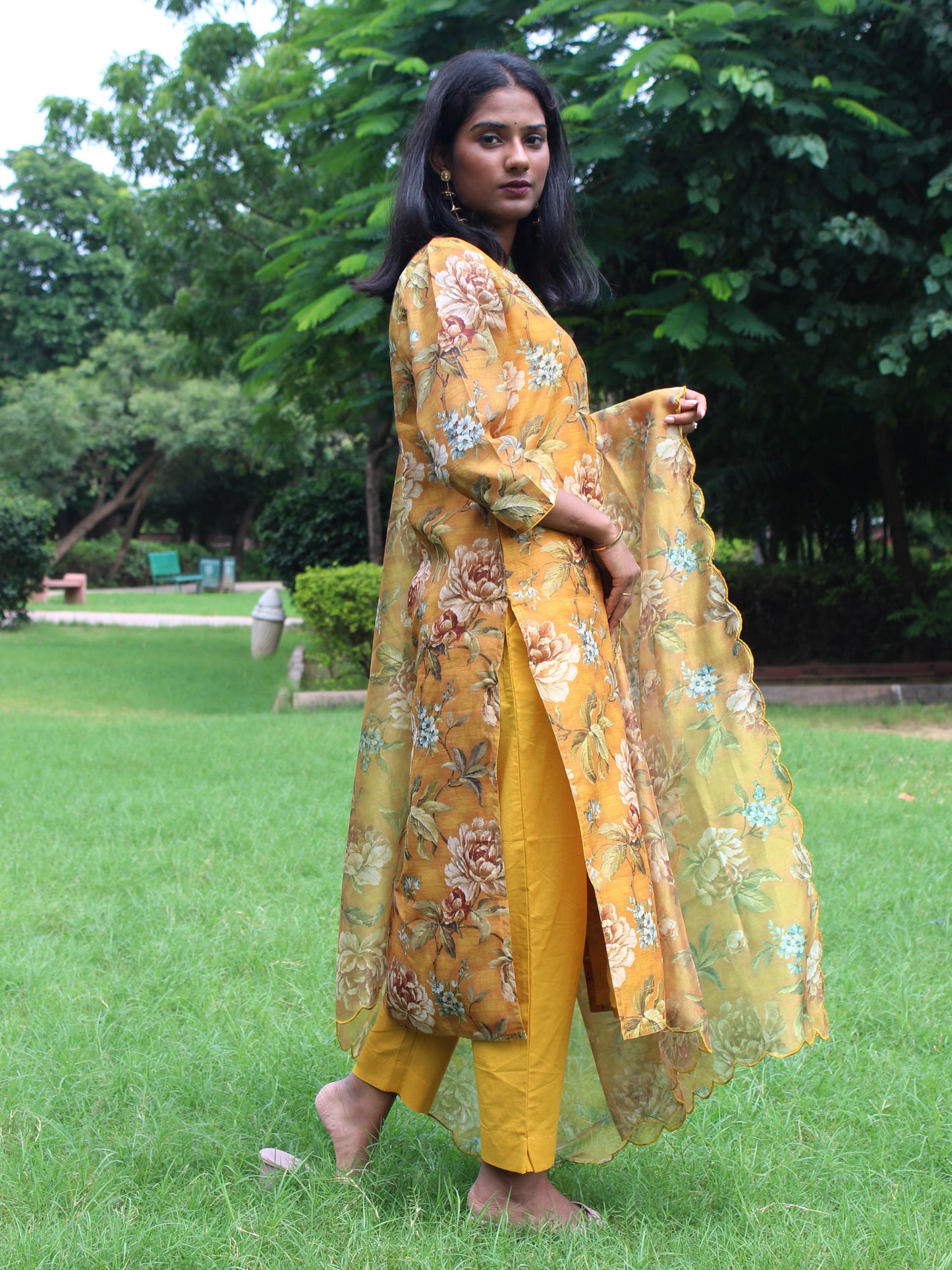 Mustard Yellow Embroidered Straight Fit 3 pc Kurta Set