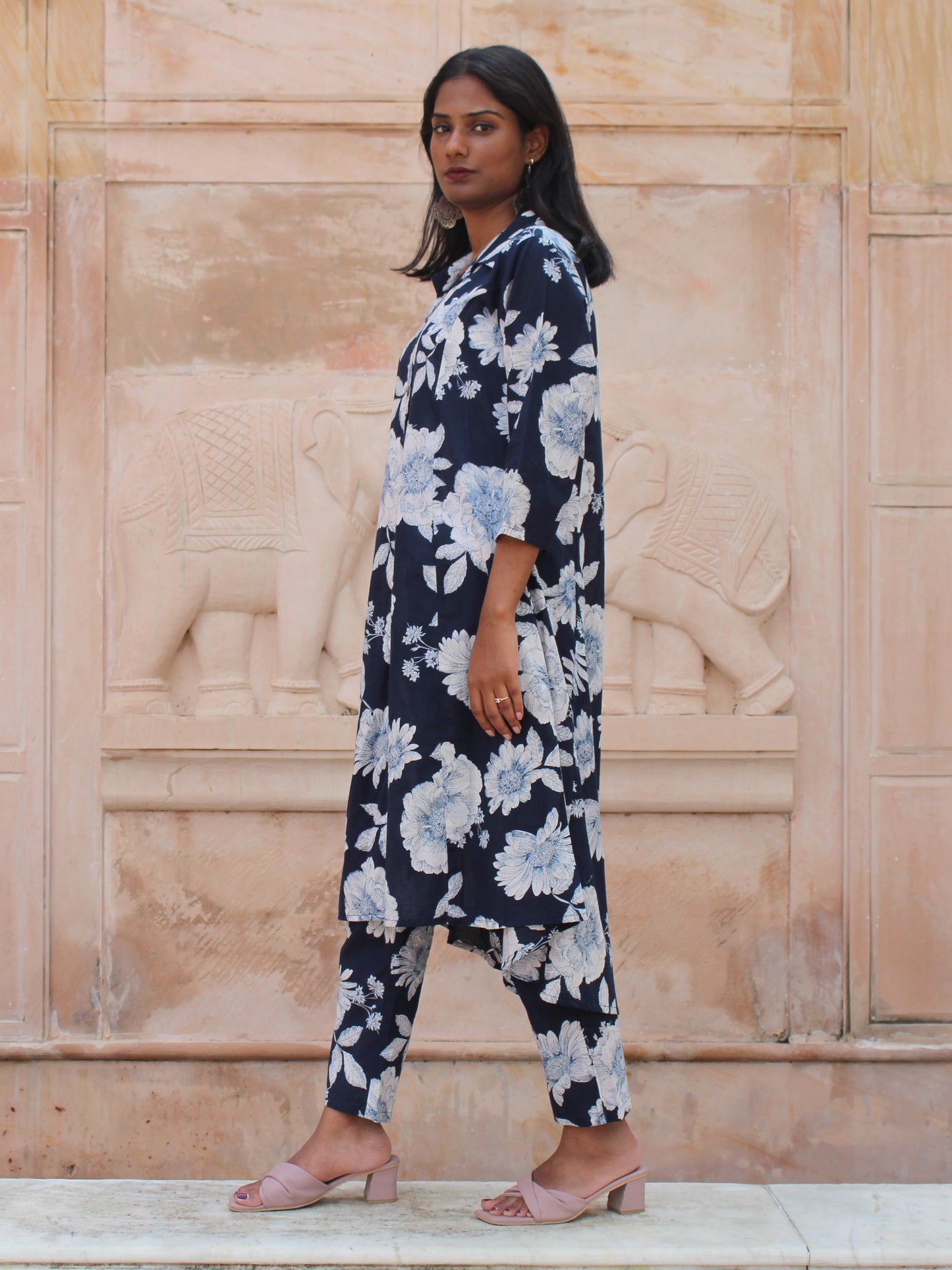 Dark Blue Floral Printed Shirt Collar Co-ord Set