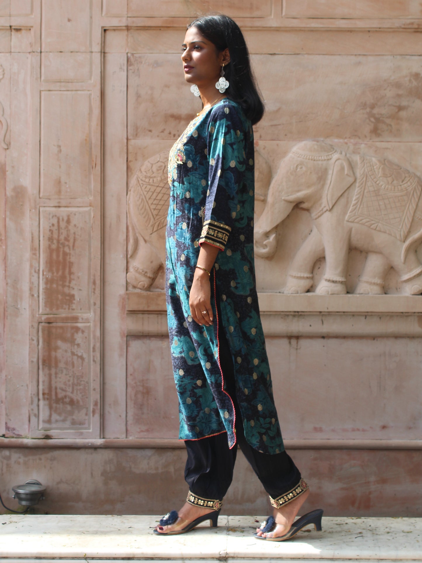 Festive Teal Brocade Embroidered Straight Fit 3 Pc Kurta Set
