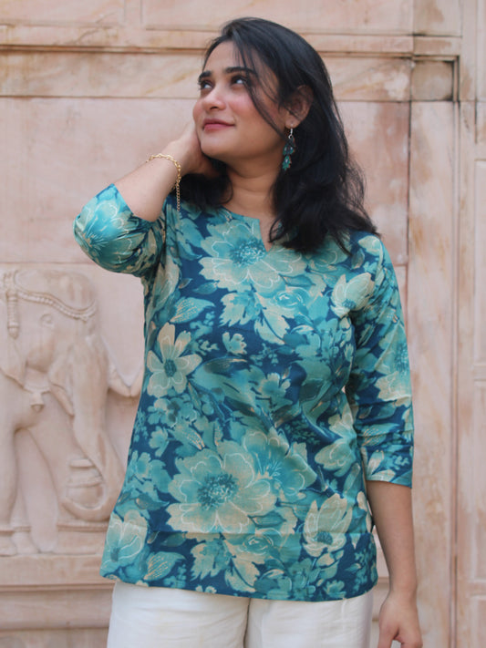 Teal Floral Short Kurta