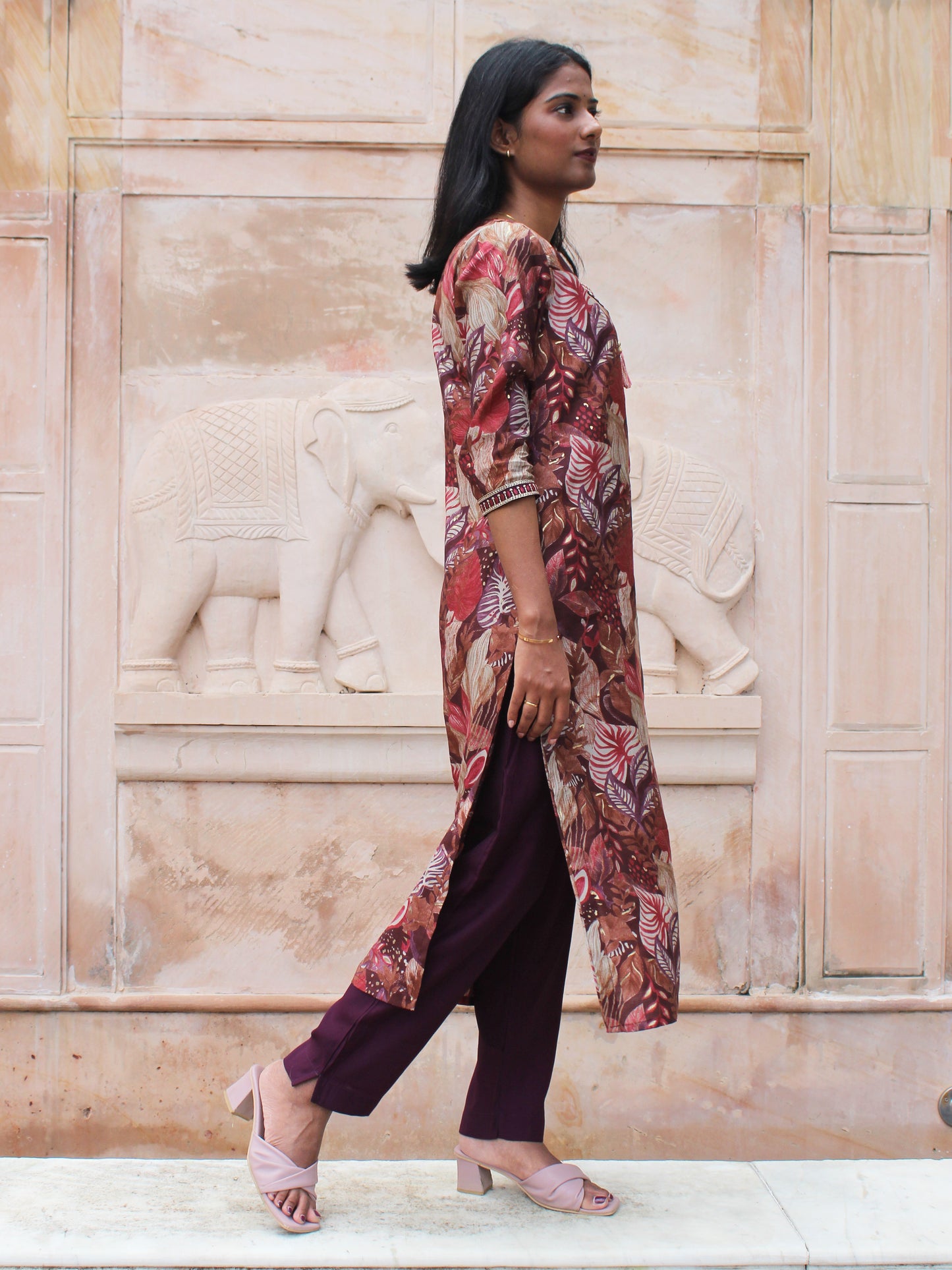Purple Floral Printed & Embroidered Straight Fit 3 pc Kurta Set
