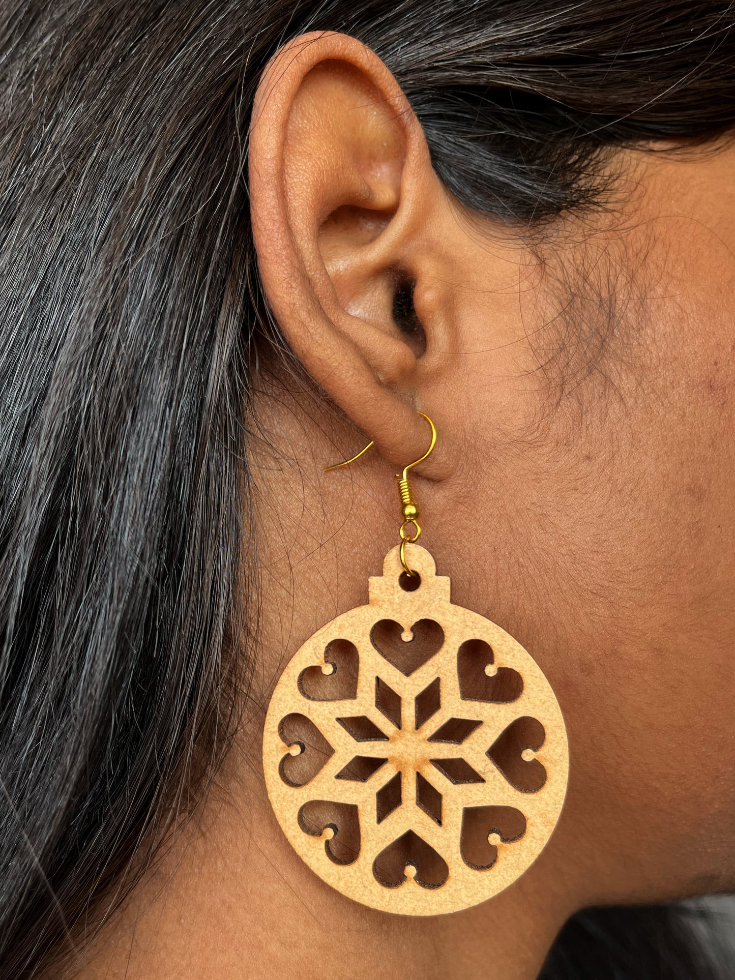 Handcrafted Sanganeri All hearts carved out Wooden Dangler Earrings