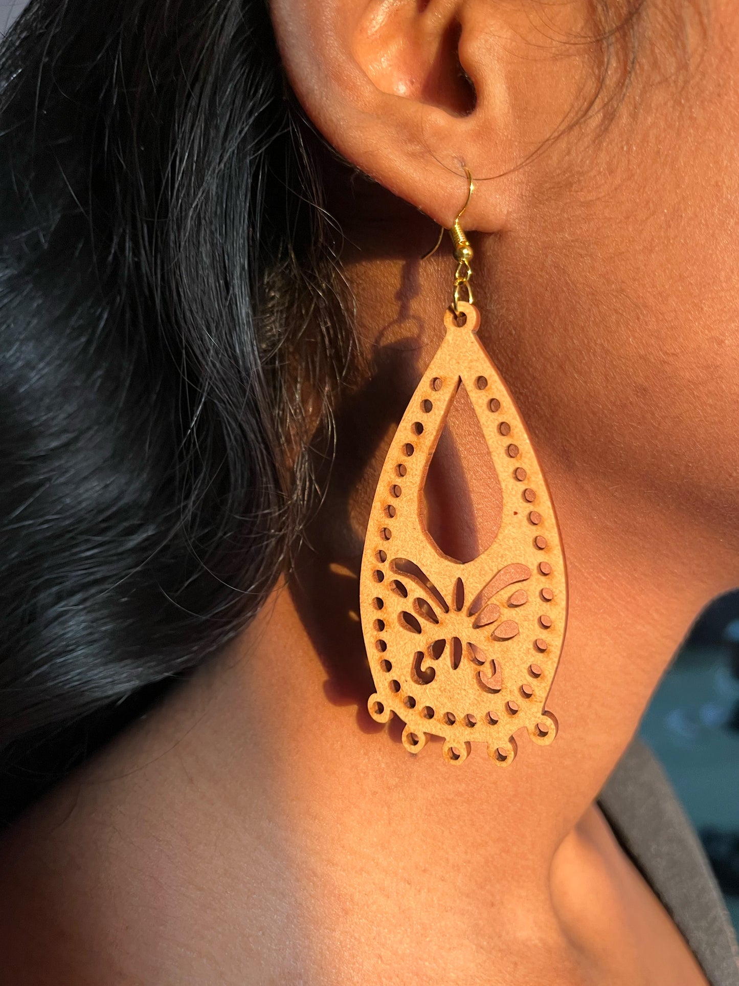 Handcrafted Sanganeri Butterfly Carved-out Wooden Dangler Earrings