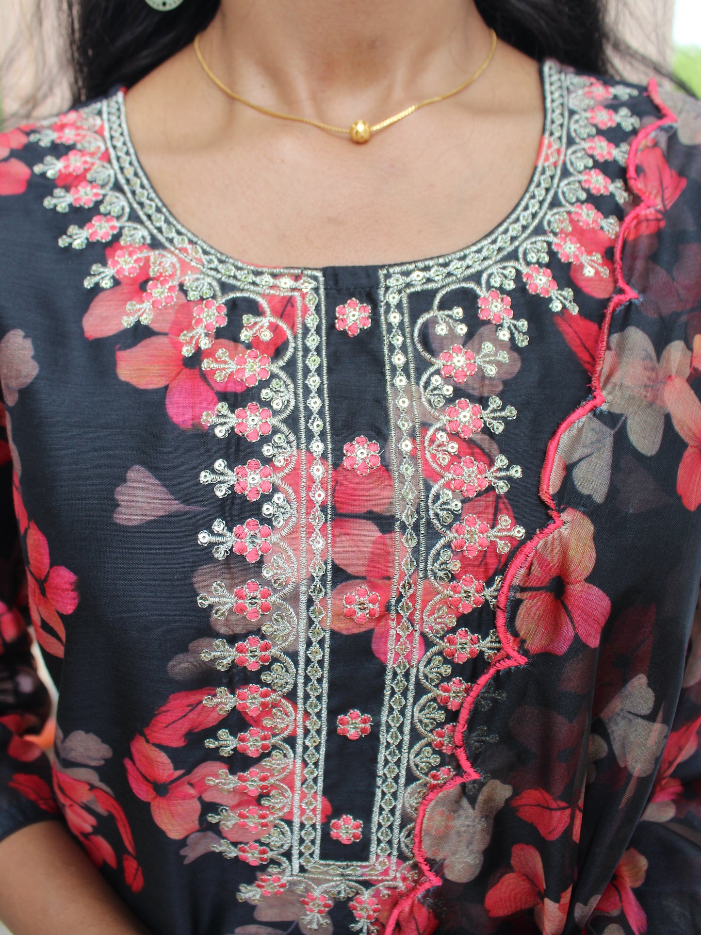 Black Floral Printed & Embroidered Straight Fit 3 pc Kurta Set