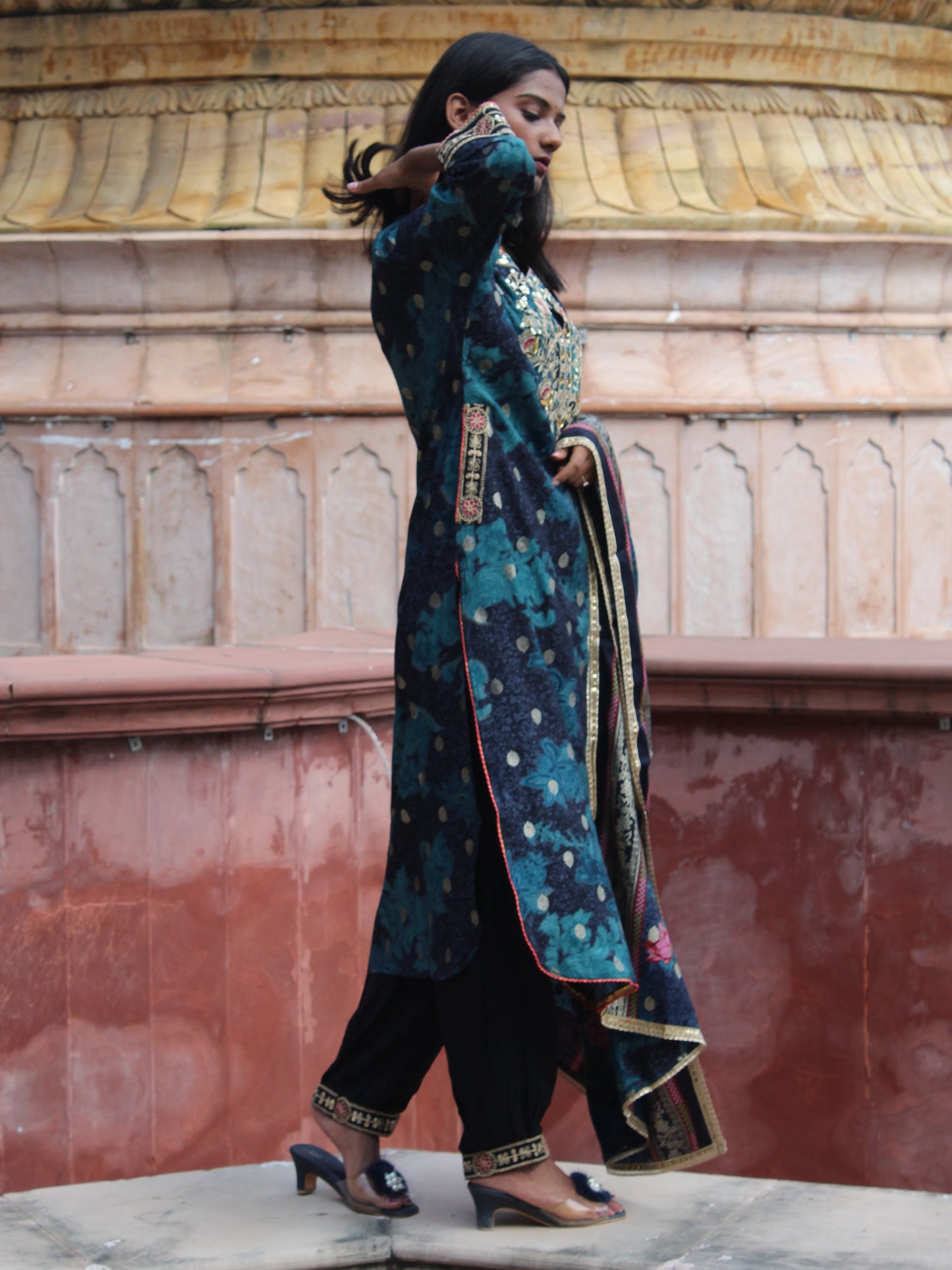 Festive Teal Brocade Embroidered Straight Fit 3 Pc Kurta Set
