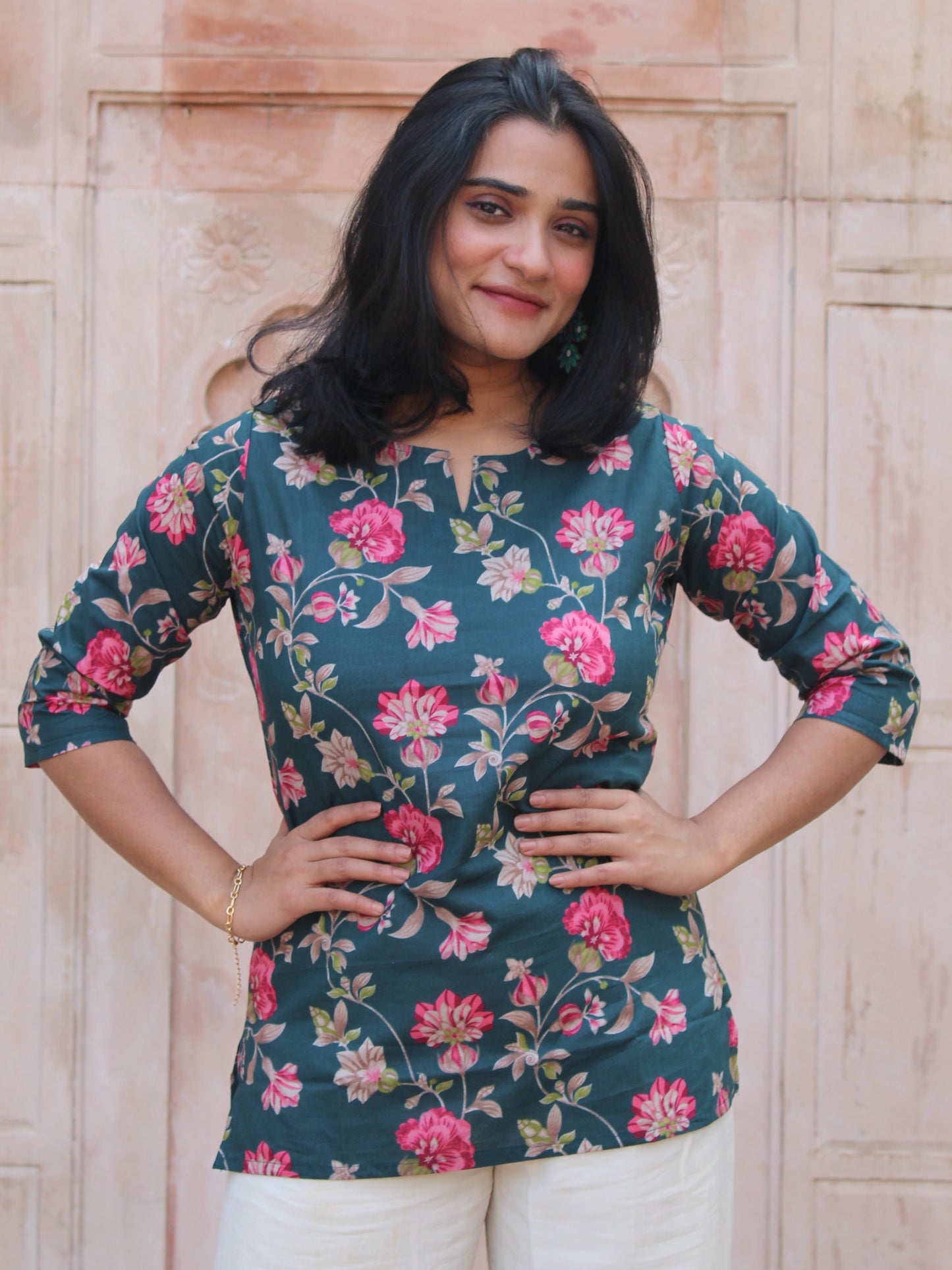Dark Green Floral Short Kurta