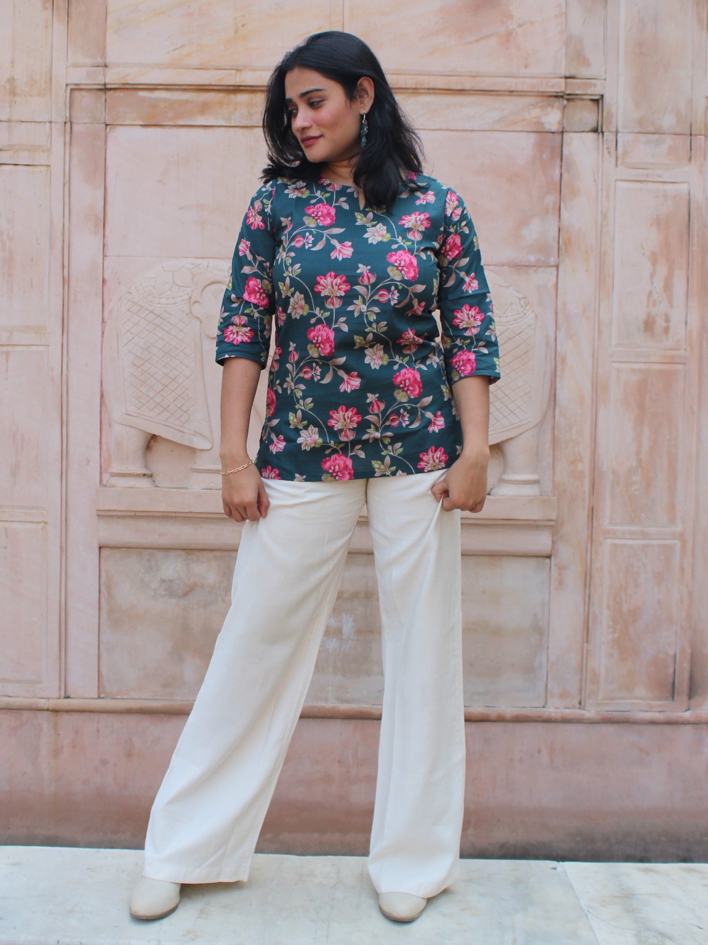 Dark Green Floral Short Kurta