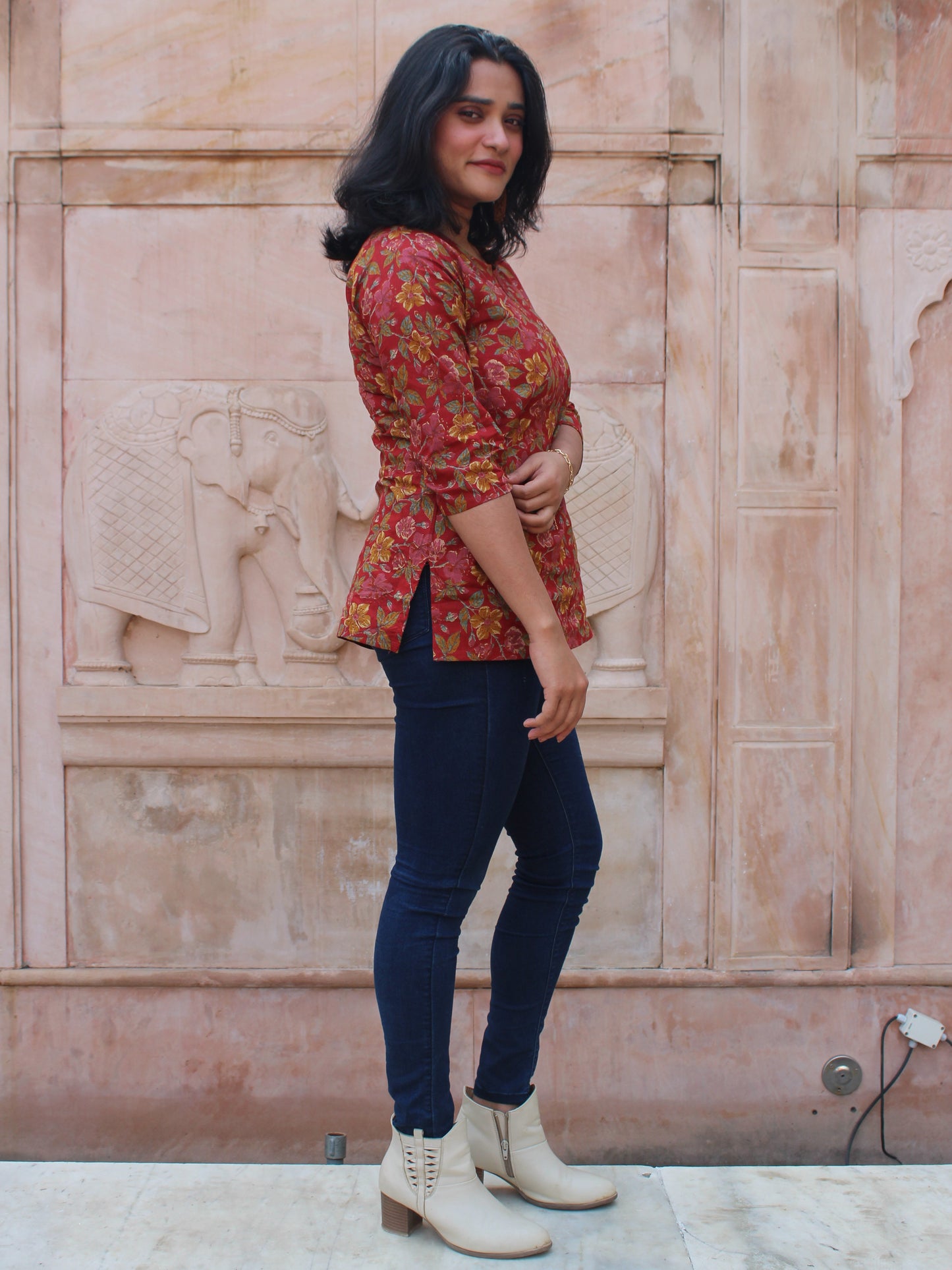 Red Floral Short Kurta