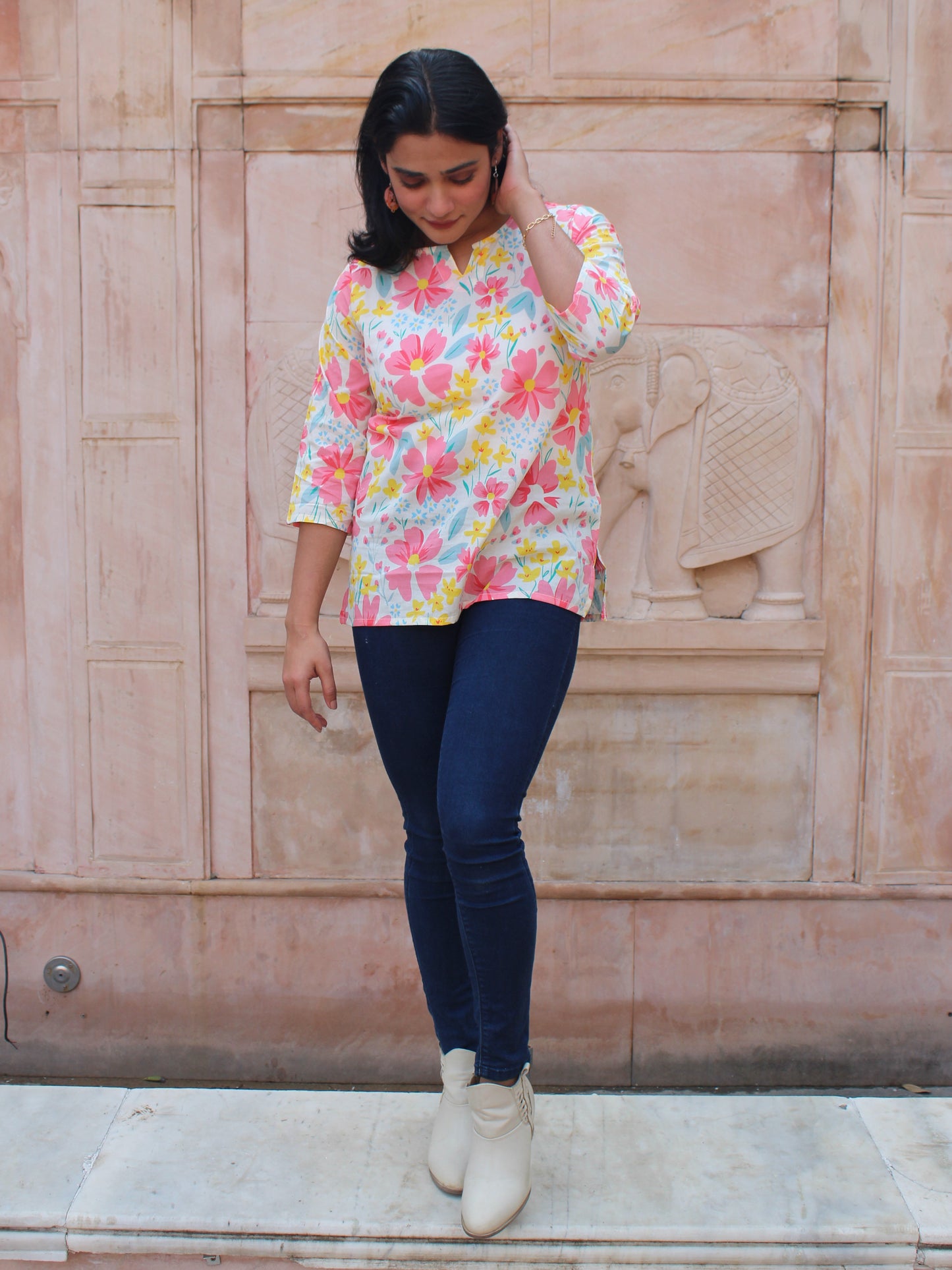 Cream Floral Short Kurta