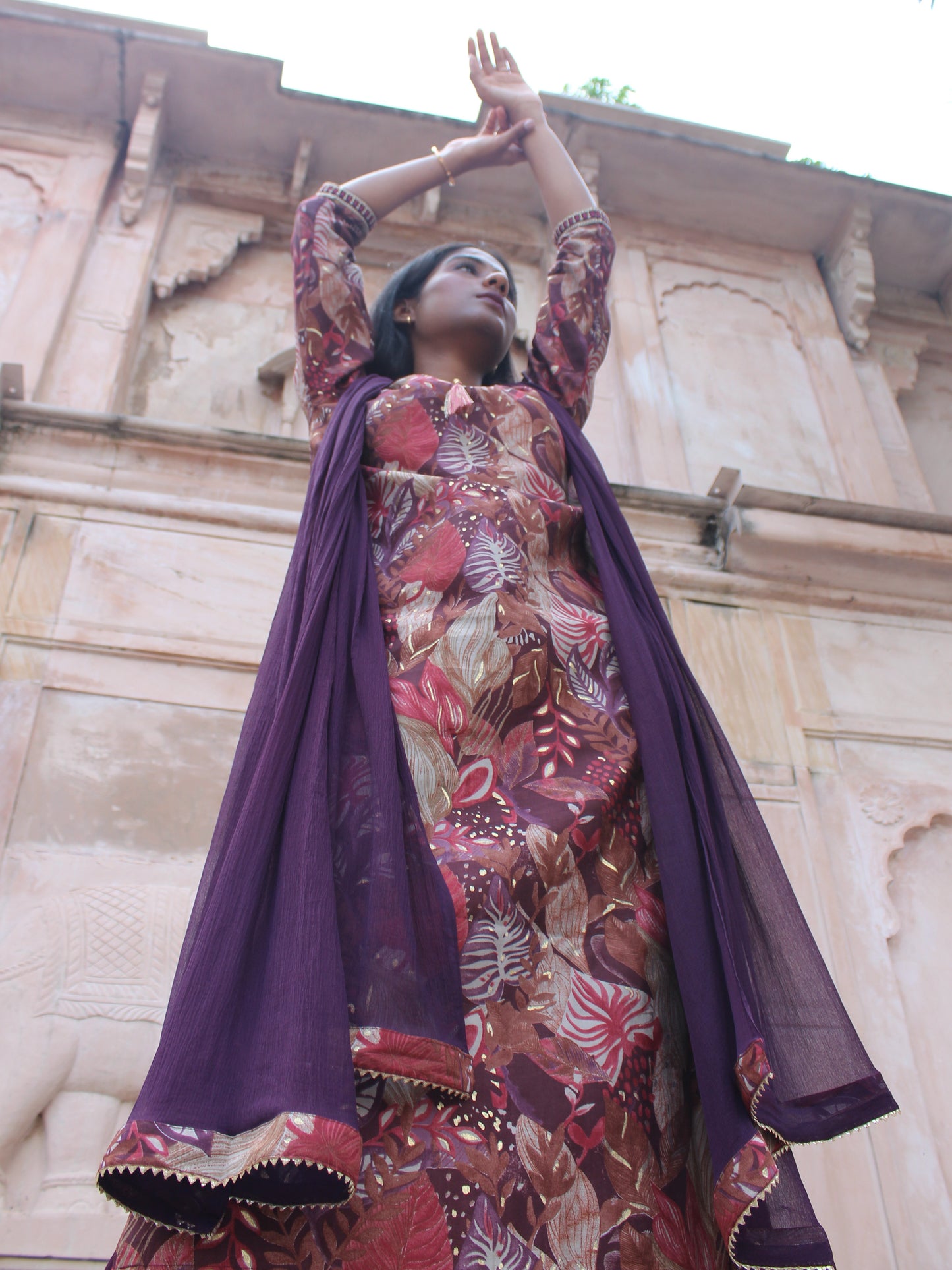 Purple Floral Printed & Embroidered Straight Fit 3 pc Kurta Set