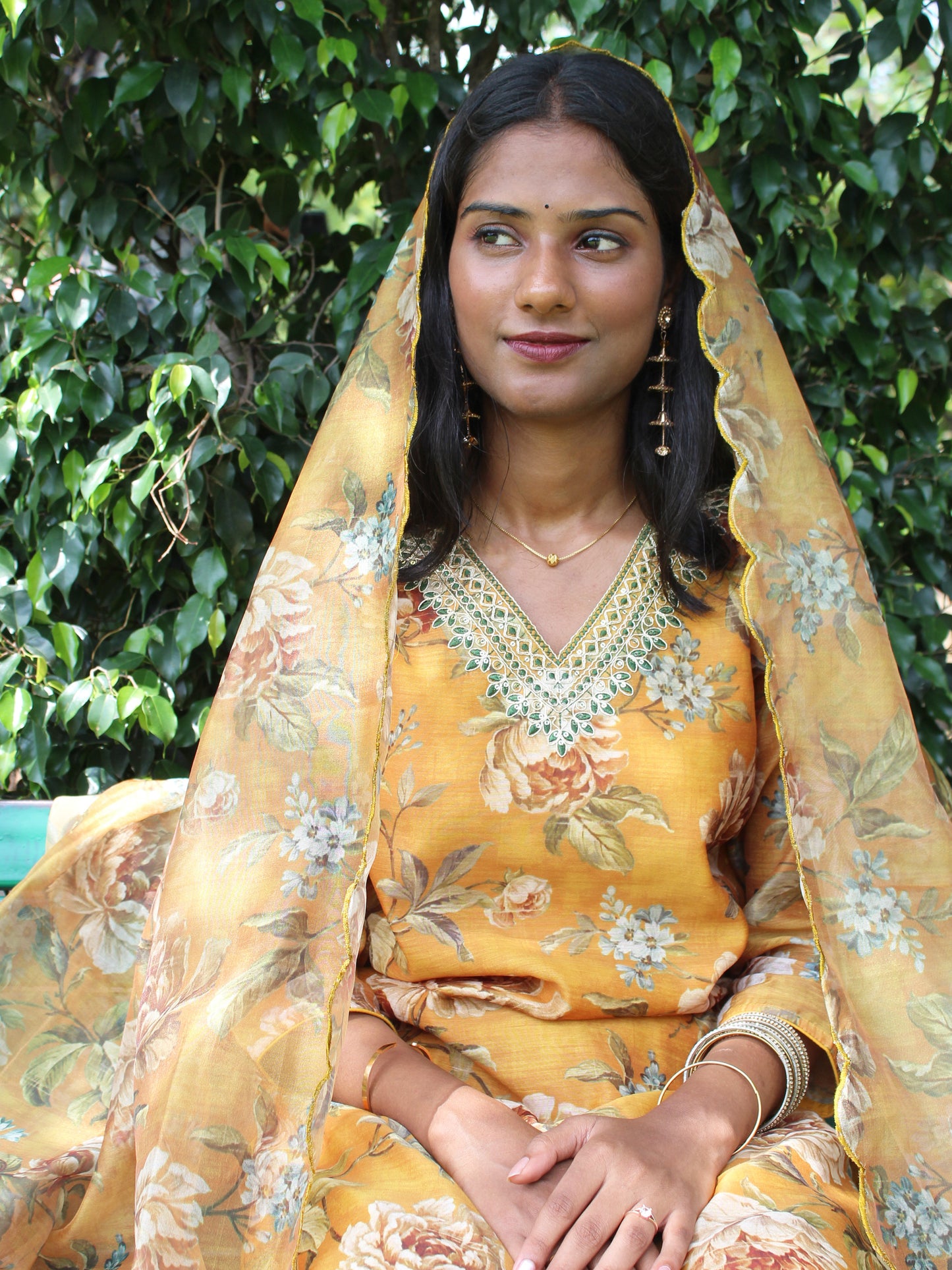 Mustard Yellow Embroidered Straight Fit 3 pc Kurta Set