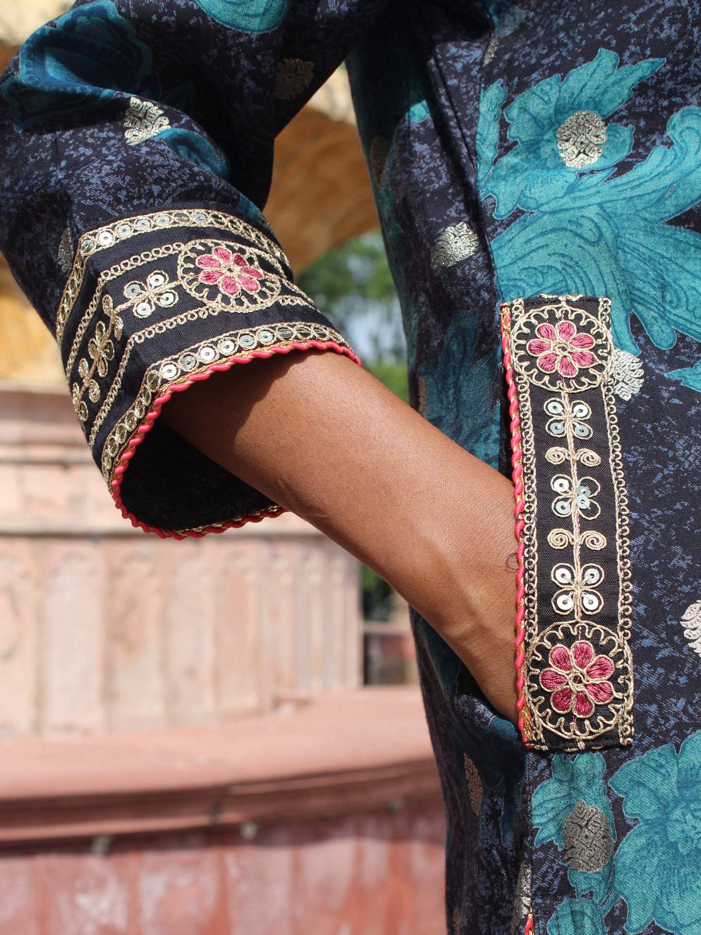Festive Teal Brocade Embroidered Straight Fit 3 Pc Kurta Set