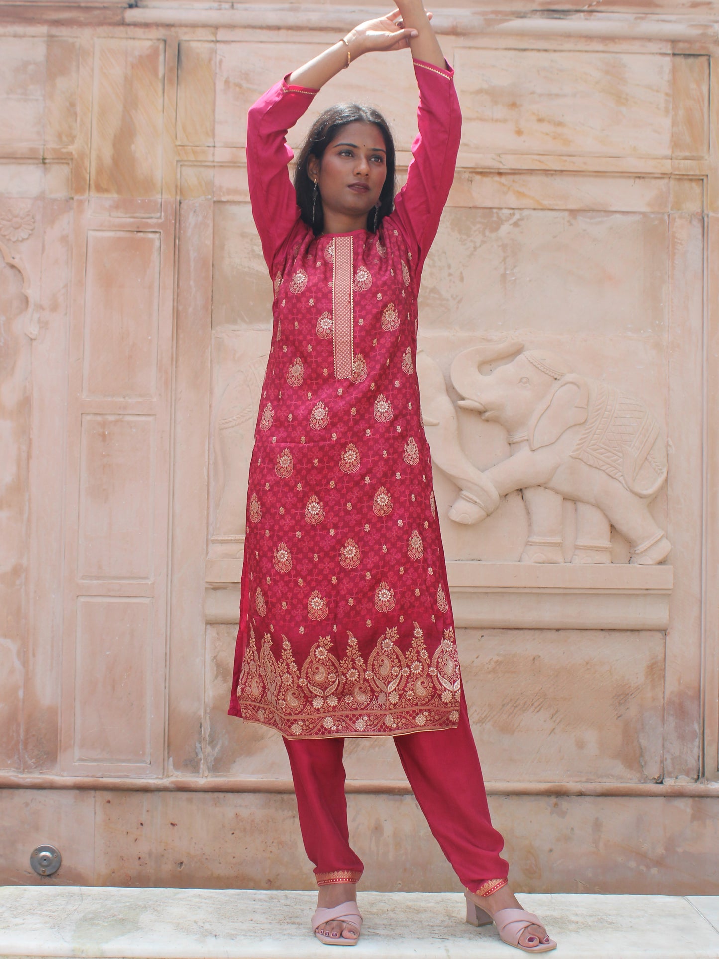 Festive Maroon Brocade Straight fit 3 Pc Kurta Set