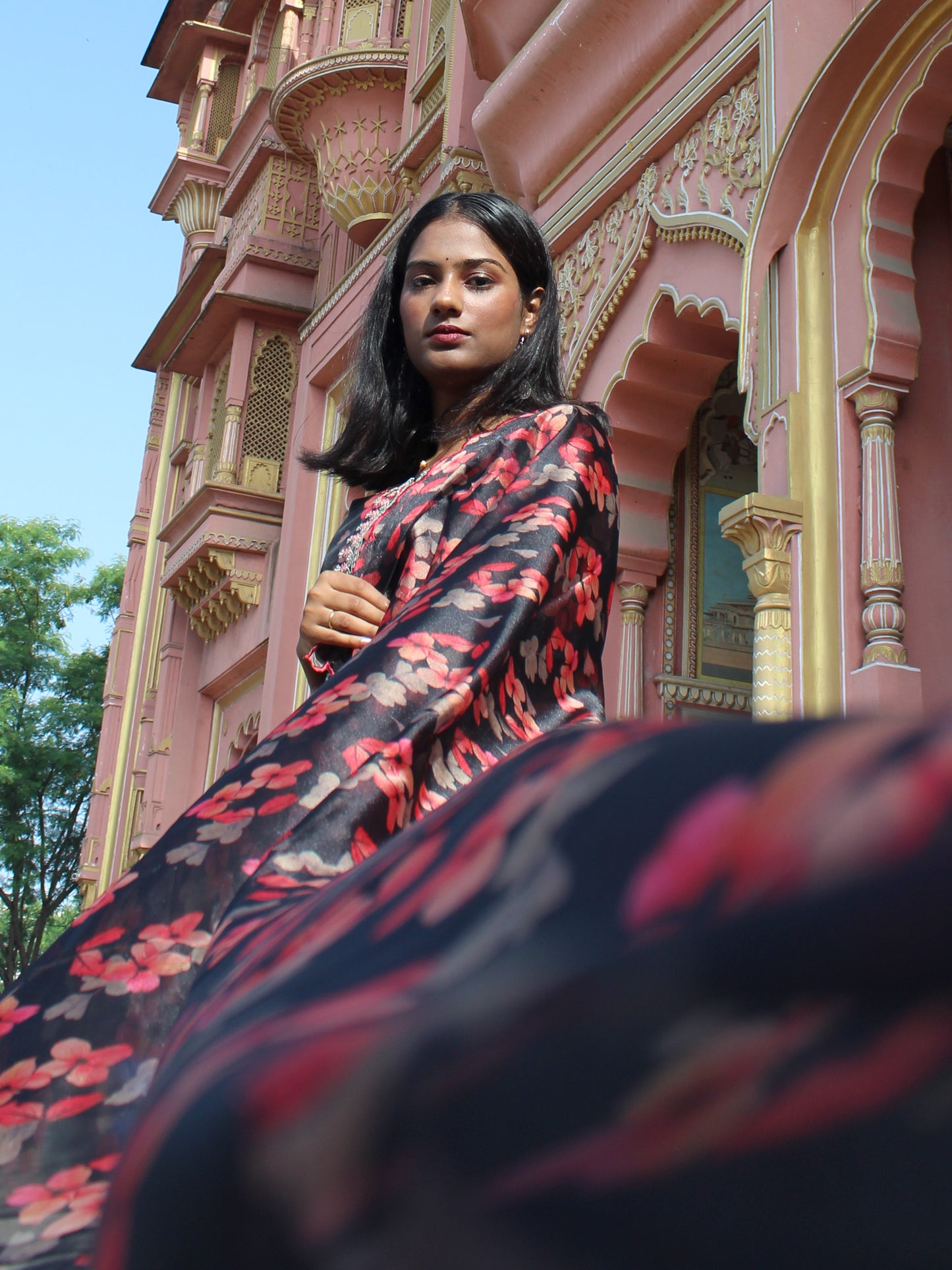 Black Floral Printed & Embroidered Straight Fit 3 pc Kurta Set